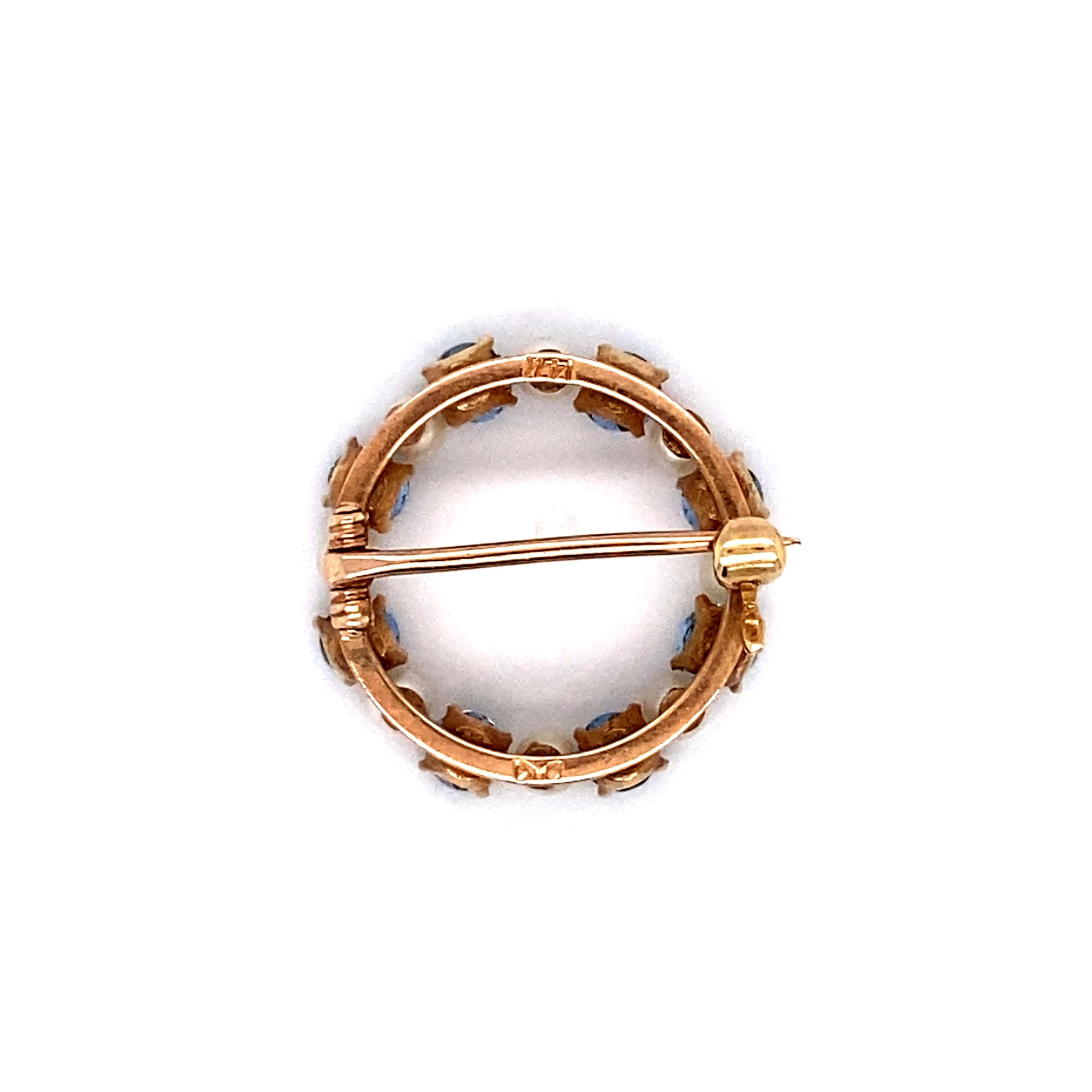 Round Cut 1890s Montana Sapphire and Pearl Circle Pin in 14 Karat Gold For Sale