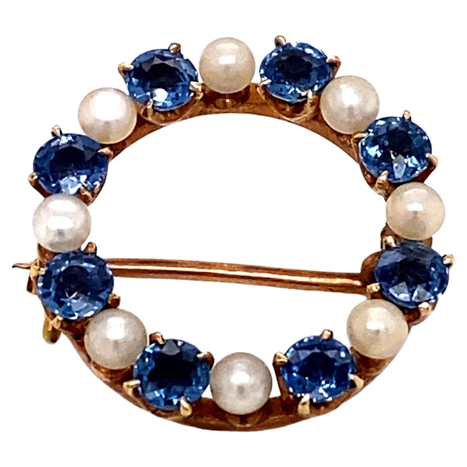 1890s Montana Sapphire and Pearl Circle Pin in 14 Karat Gold For Sale