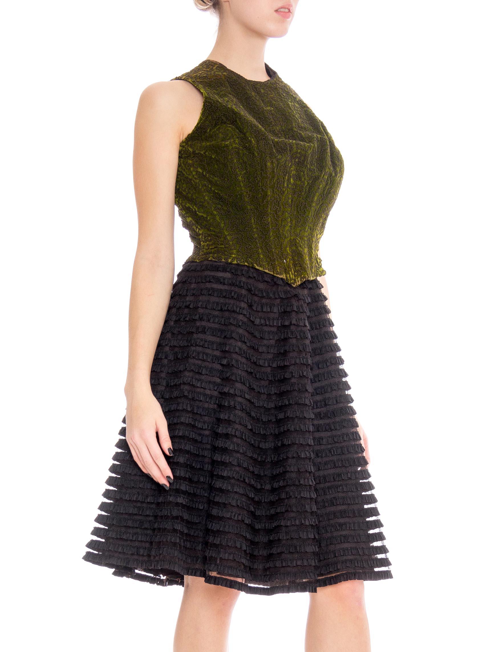 MORPHEW COLLECTION Black & Green Silk Cotton Velvet Dress With Ruffled Tulle Sk In Excellent Condition In New York, NY