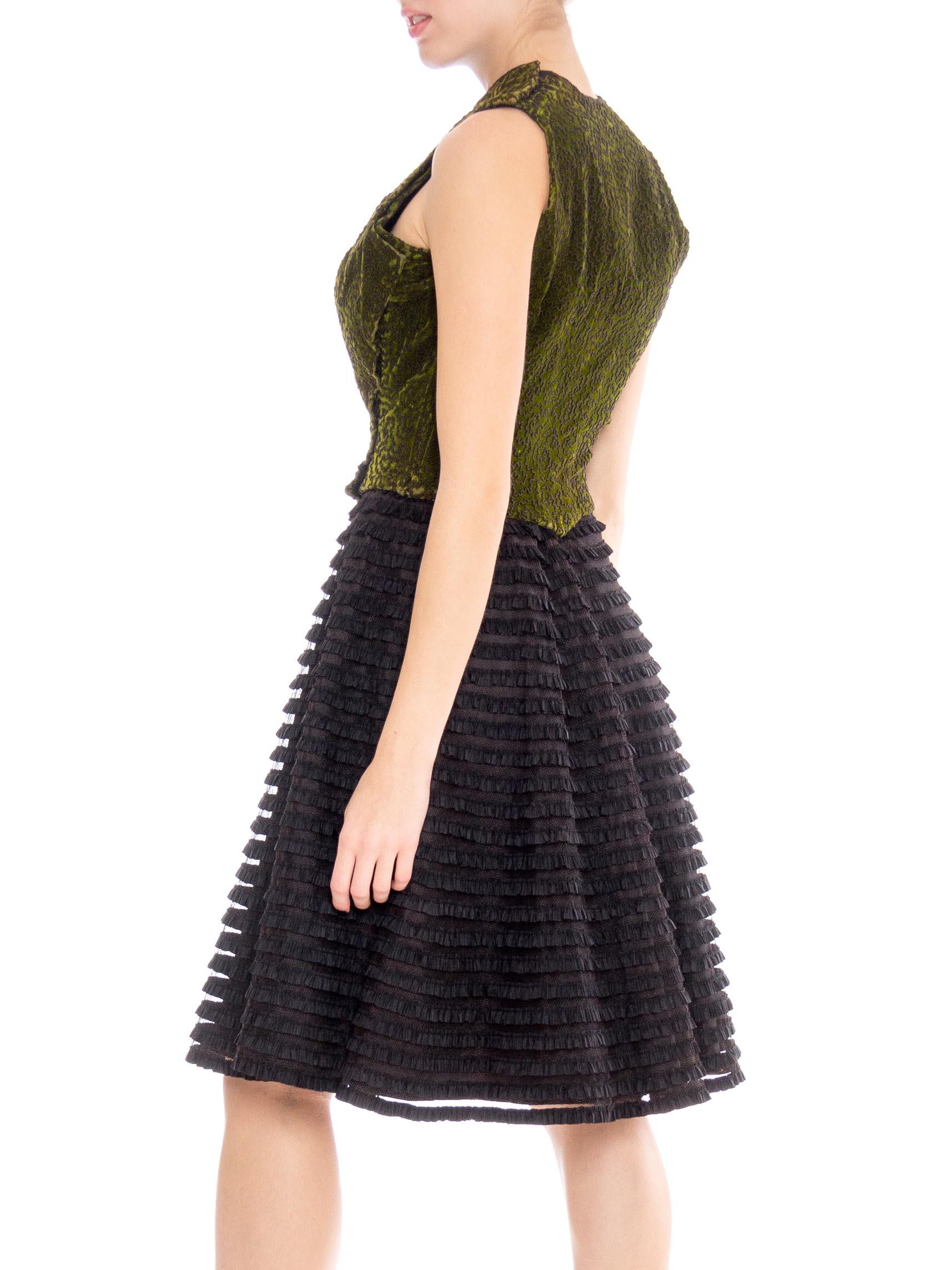 MORPHEW COLLECTION Black & Green Silk Cotton Velvet Dress With Ruffled Tulle Sk 1