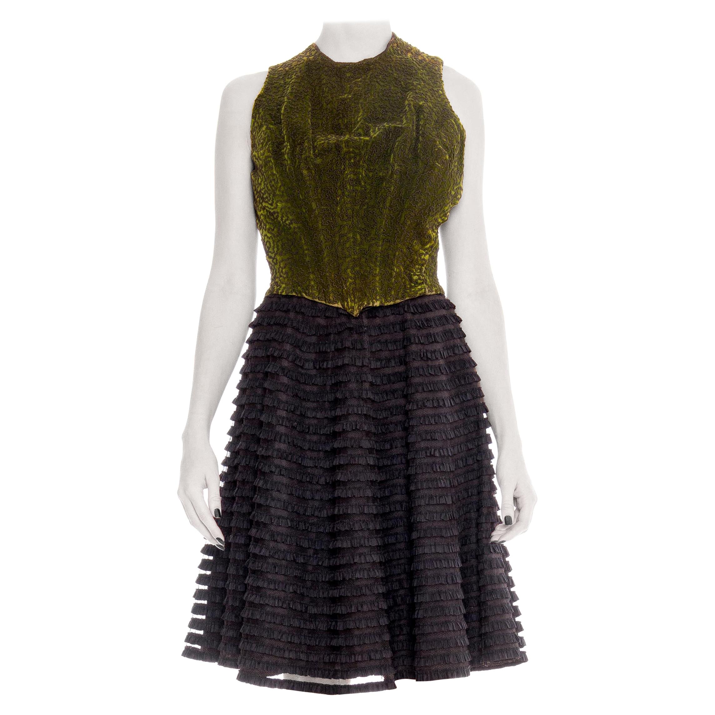 MORPHEW COLLECTION Black & Green Silk Cotton Velvet Dress With Ruffled Tulle Sk