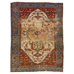 Tappeto di lana antico multicolore del 1890 Serapi persiano con disegno a medaglione