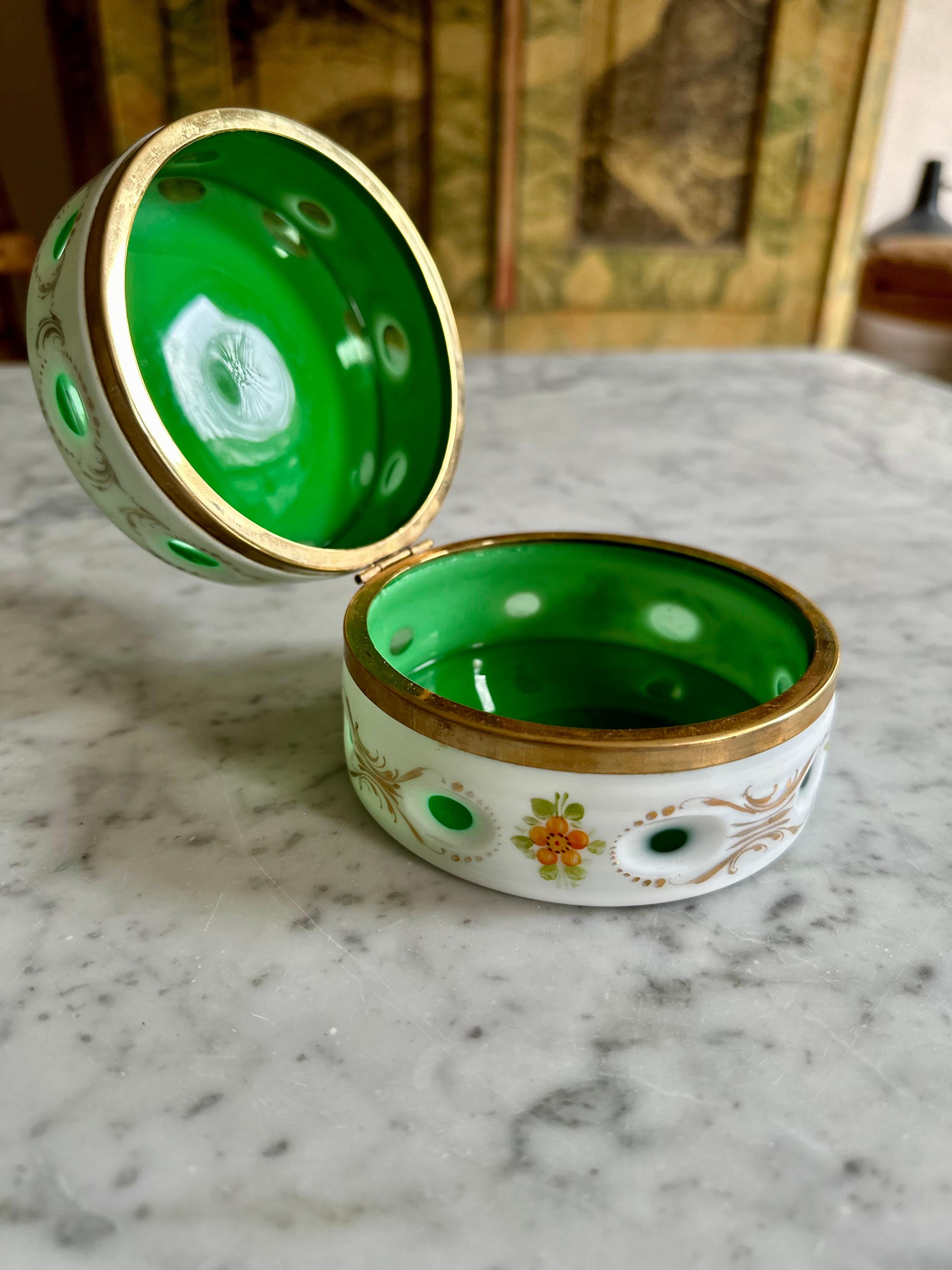 Brass 1890s Opaline Glass Lidded Box with Floral Ornament, white an green For Sale