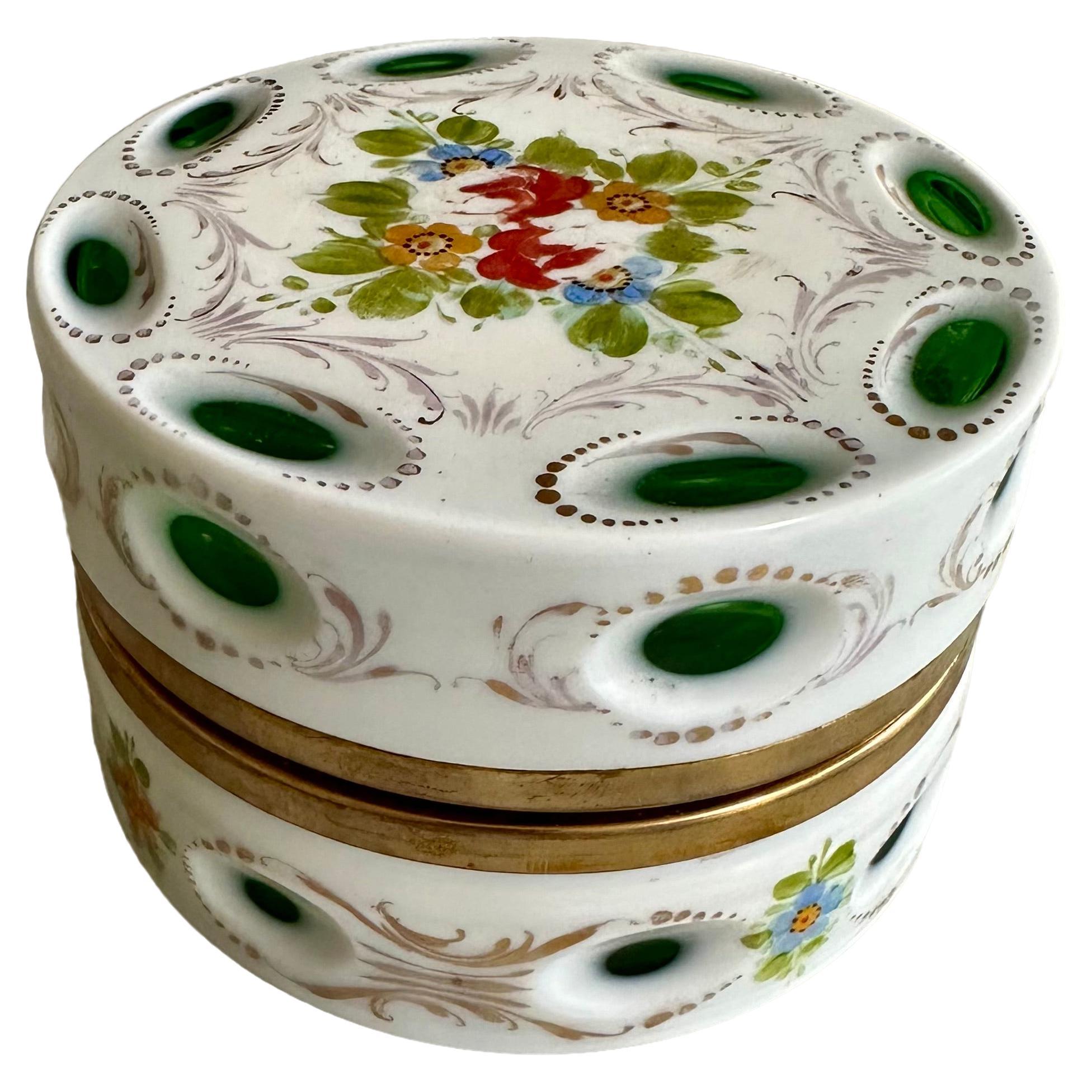 1890s Opaline Glass Lidded Box with Floral Ornament, white an green For Sale