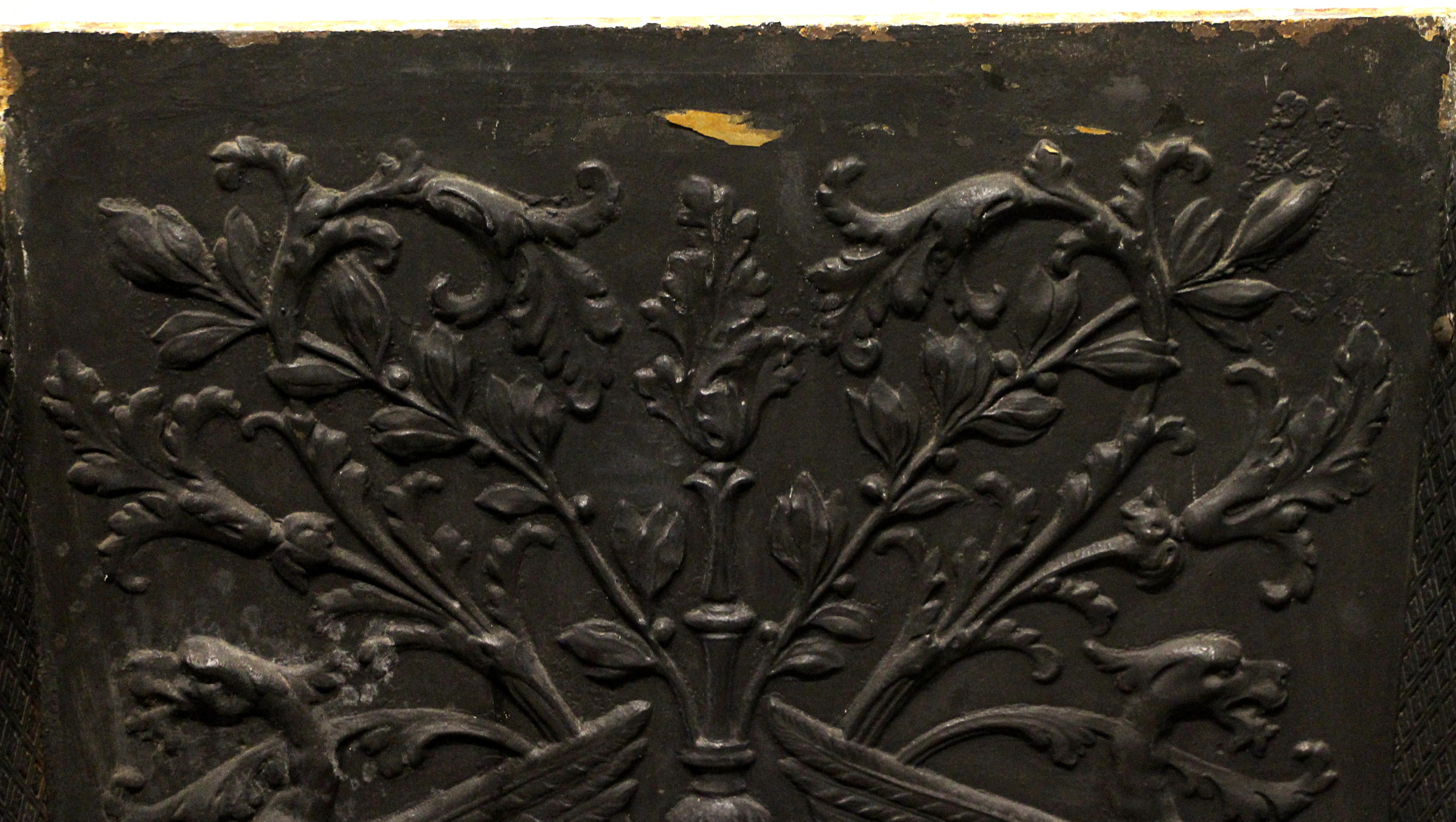 American 1890s Ornate Figural and Floral Black Cast Iron Fire Back
