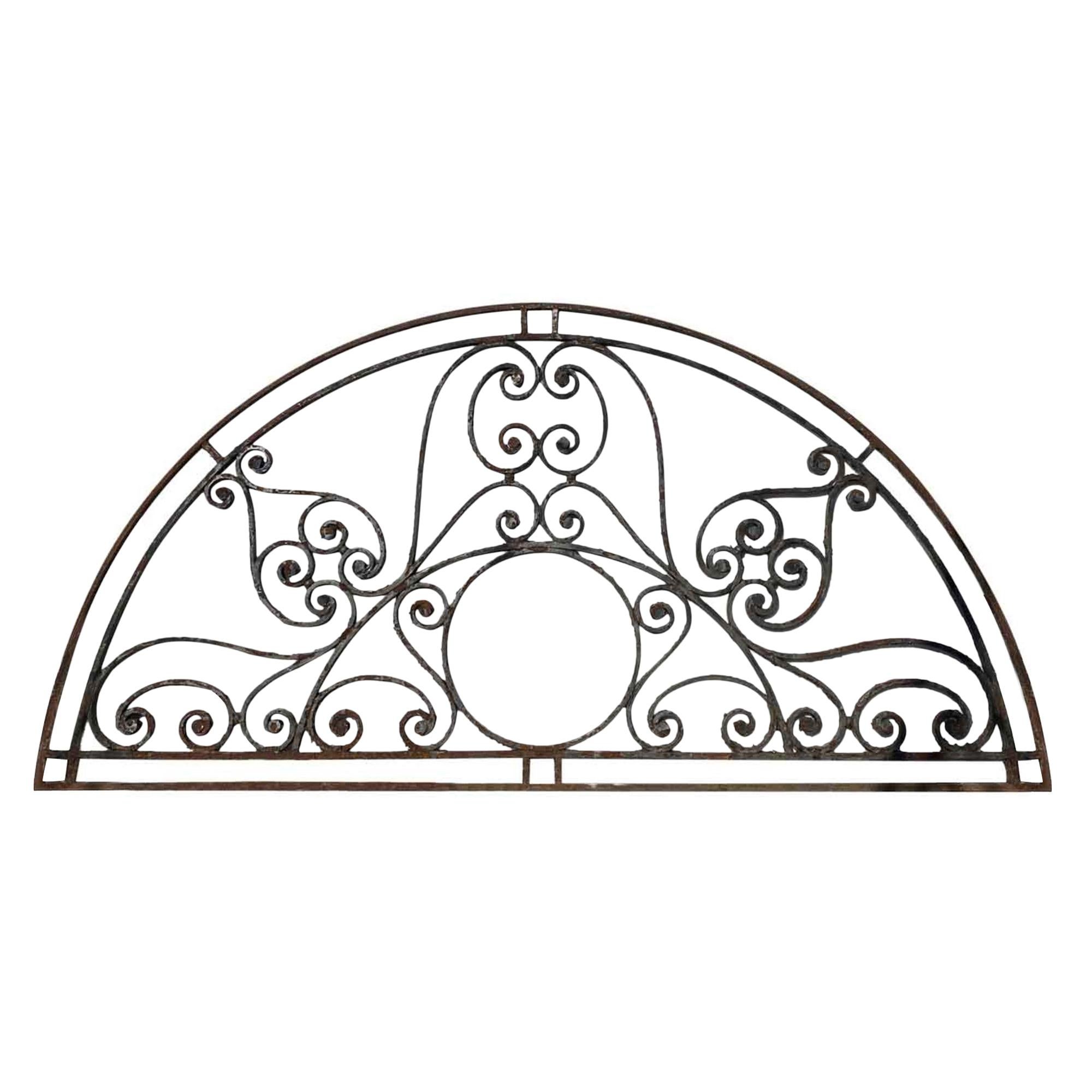 1890s Ornate Wrought Iron Arched Door Transom with Hand Forged Curls