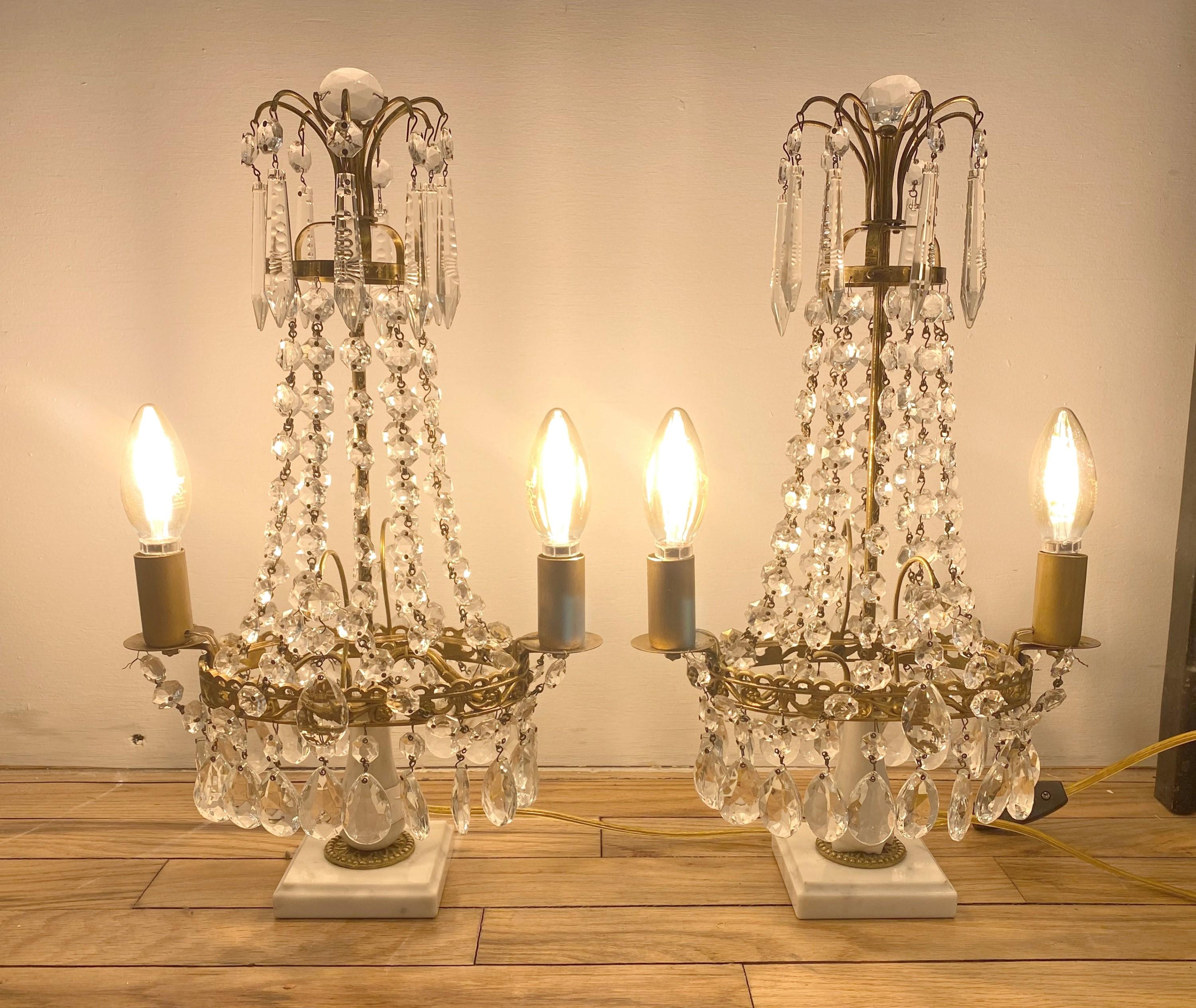 1890s Pair Gustavian Style Electrified Crystal Table Lamps 8