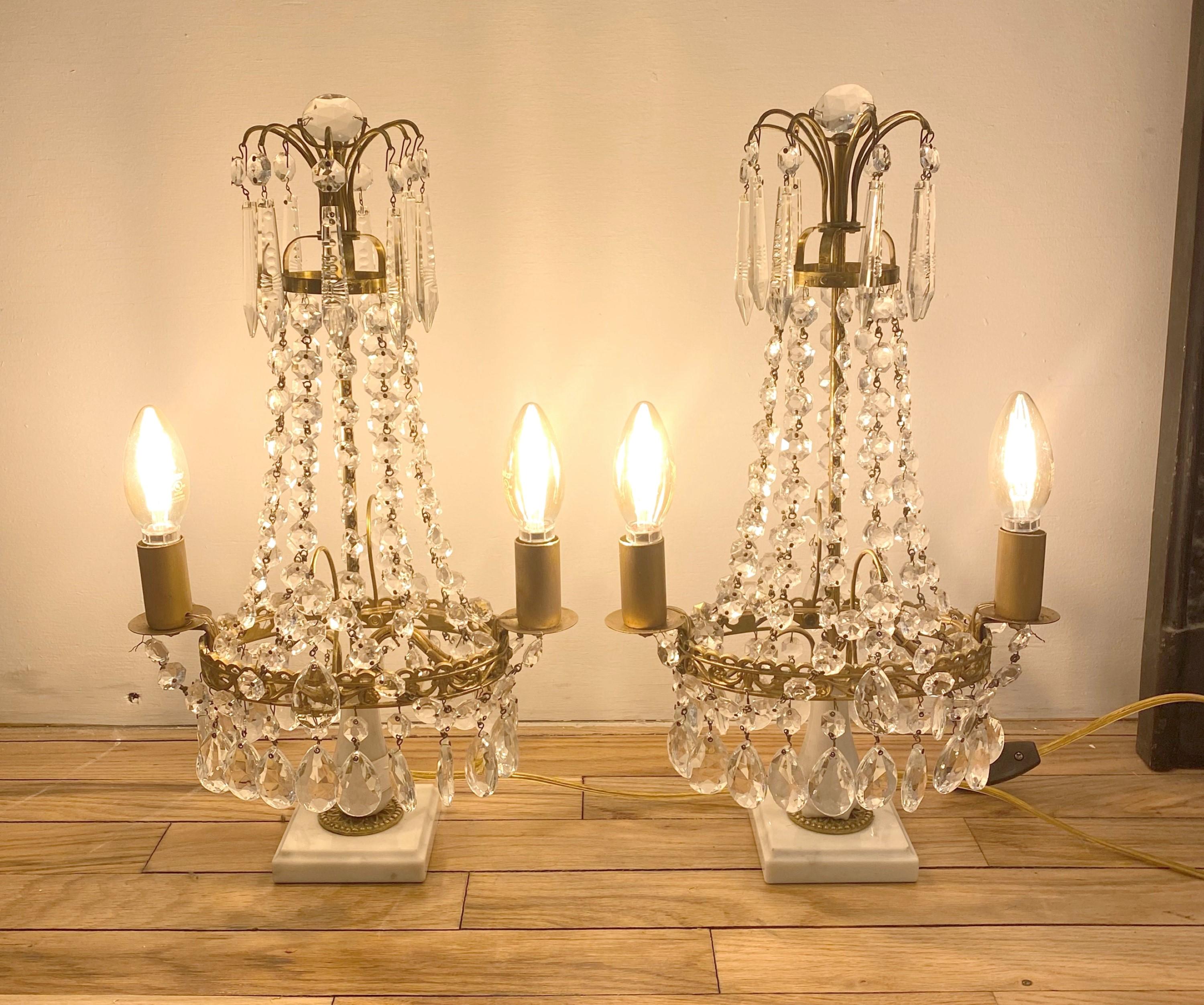 1890s Pair Gustavian Style Electrified Crystal Table Lamps 9