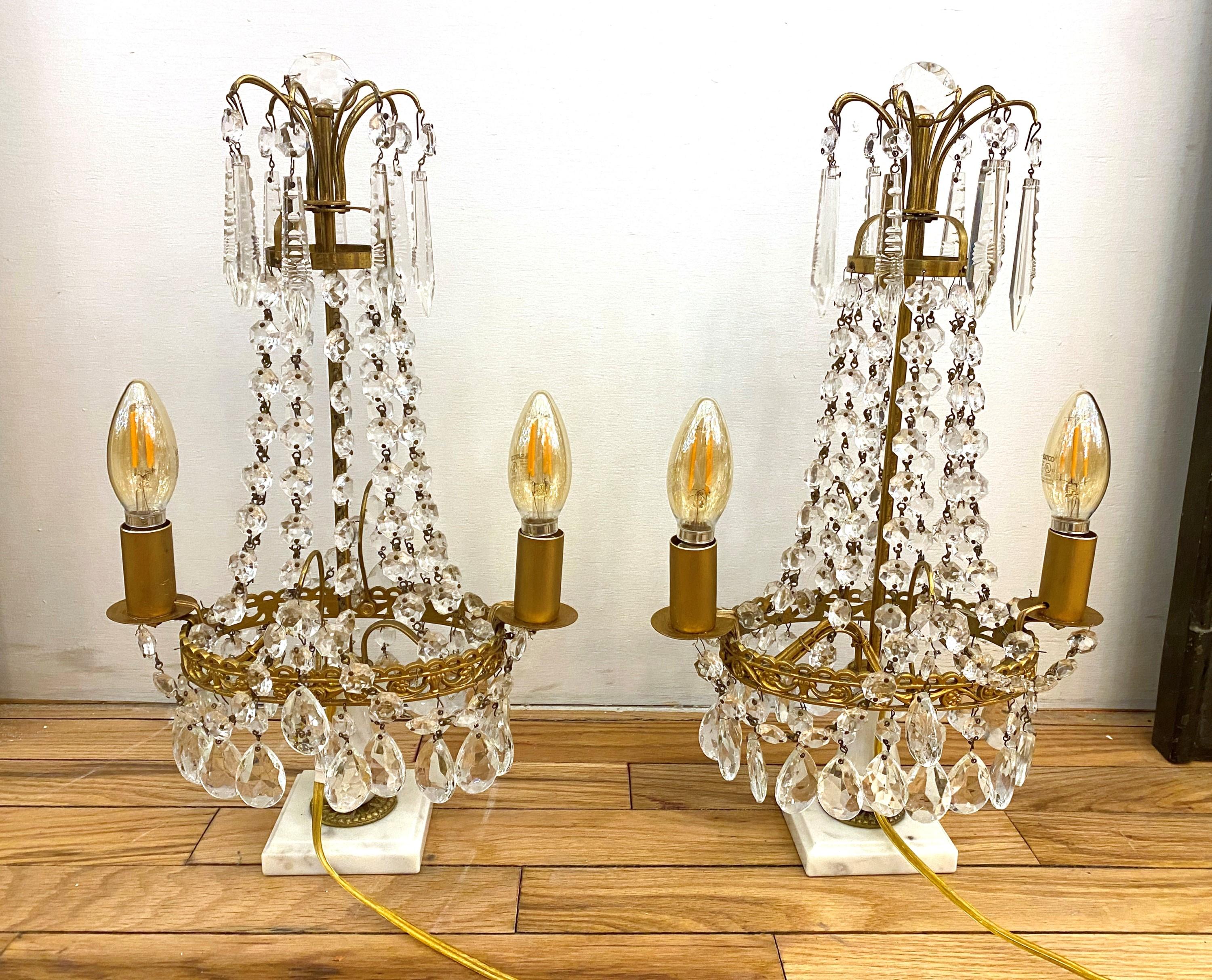 Swedish 1890s Pair Gustavian Style Electrified Crystal Table Lamps