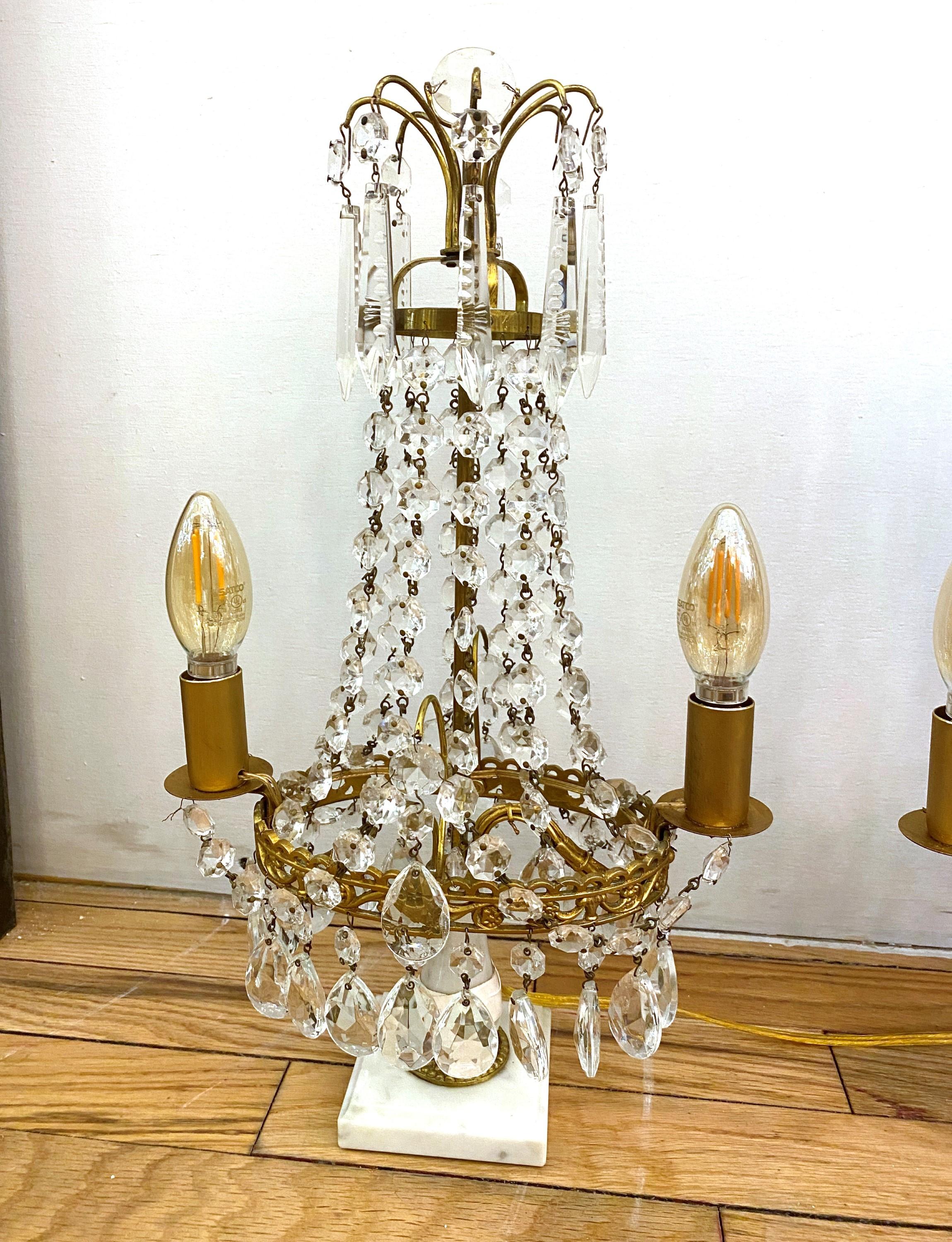 Late 19th Century 1890s Pair Gustavian Style Electrified Crystal Table Lamps