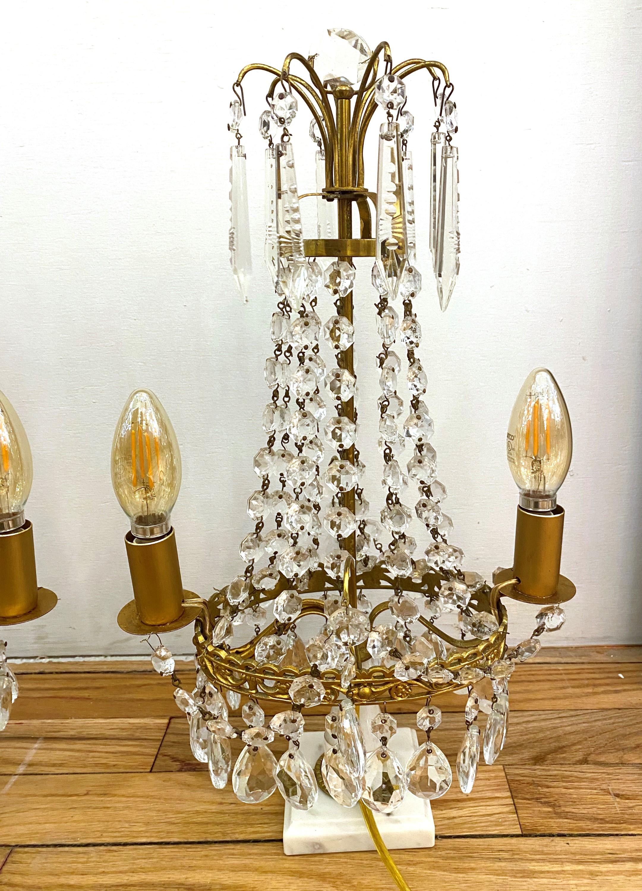 Brass 1890s Pair Gustavian Style Electrified Crystal Table Lamps