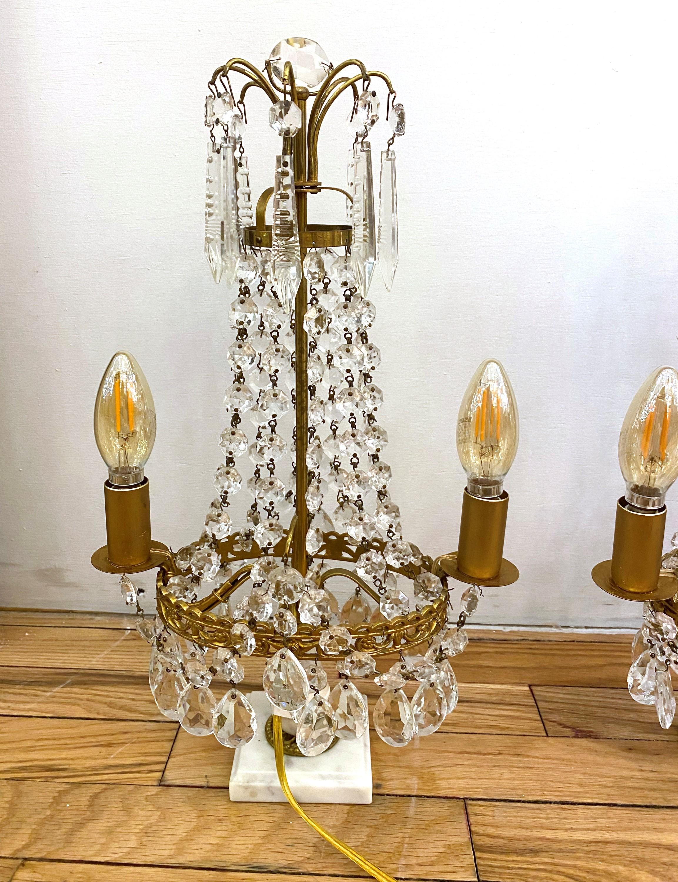 1890s Pair Gustavian Style Electrified Crystal Table Lamps 1