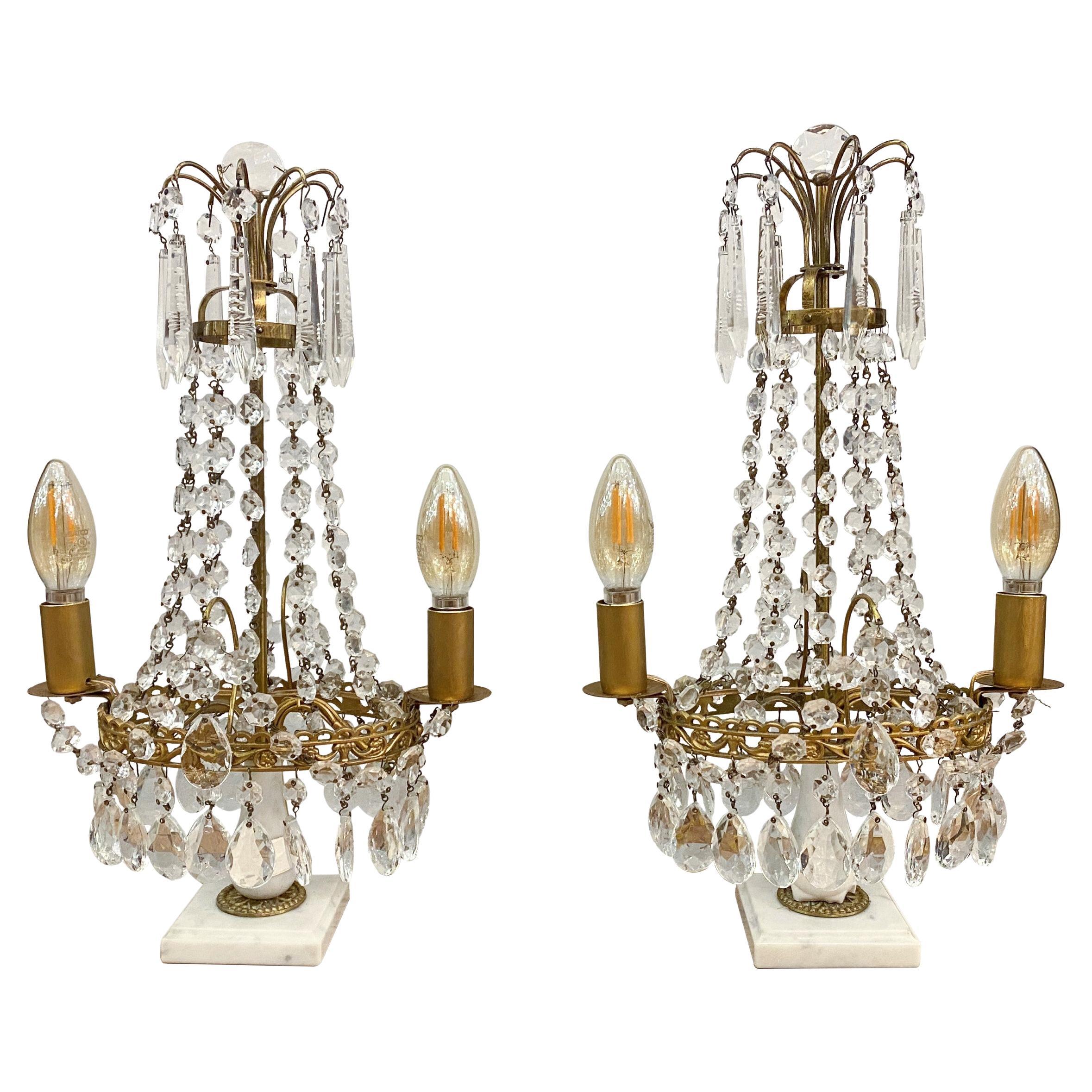 1890s Pair Gustavian Style Electrified Crystal Table Lamps