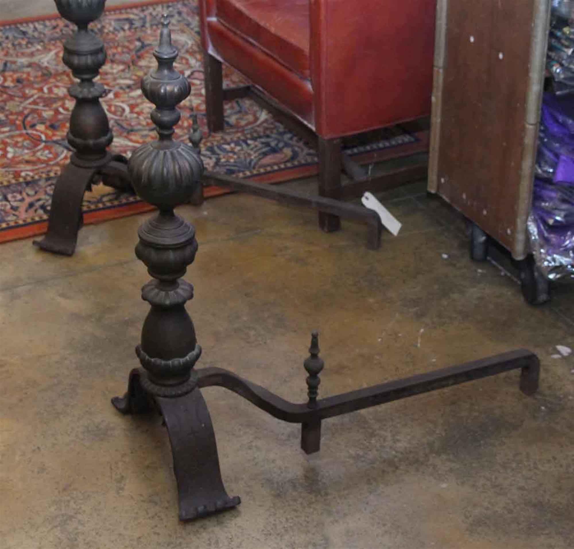 Late 19th Century 1890s Pair Cast Iron and Swirl Design Bronze Andirons For Sale
