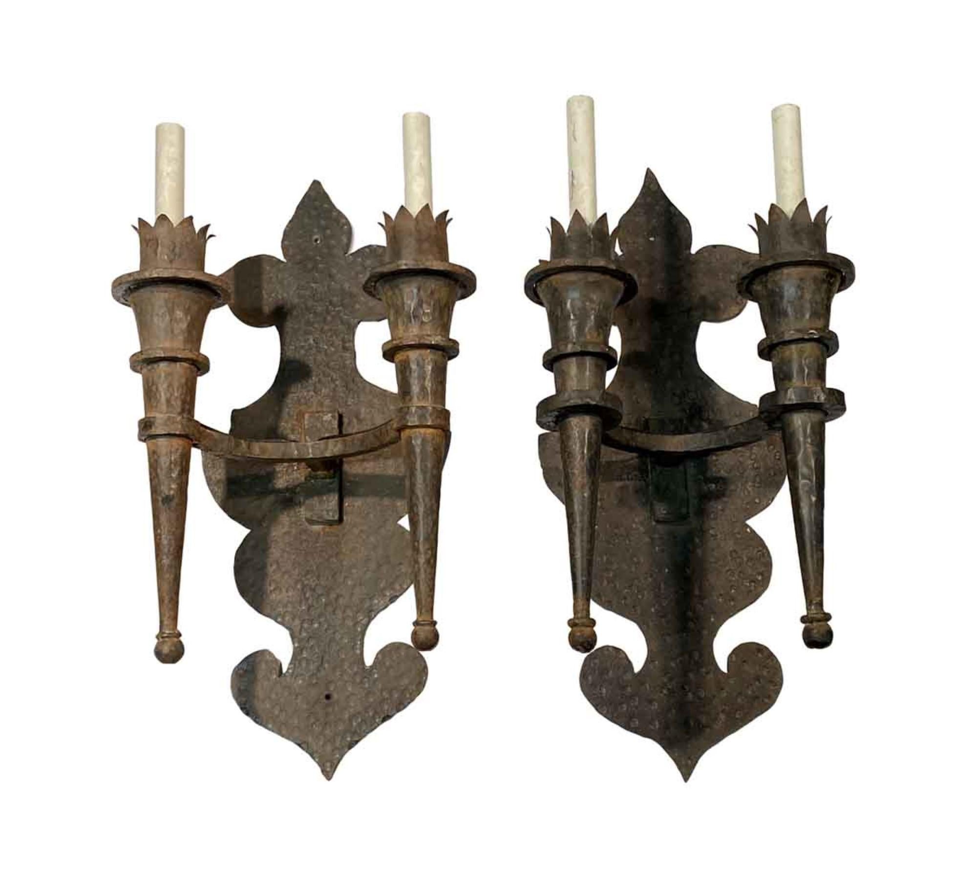 Arts and Crafts 1890s Pair of French Over Sized Arts & Crafts Wrought Iron Two Light Sconces