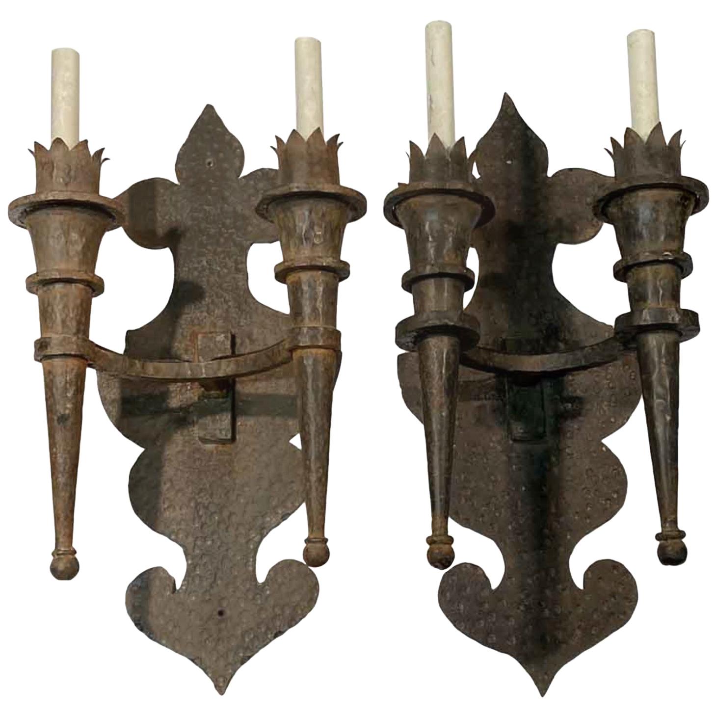 1890s Pair of French Over Sized Arts & Crafts Wrought Iron Two Light Sconces