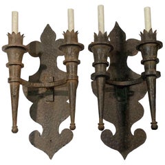 1890s Pair of French Over Sized Arts & Crafts Wrought Iron Two Light Sconces