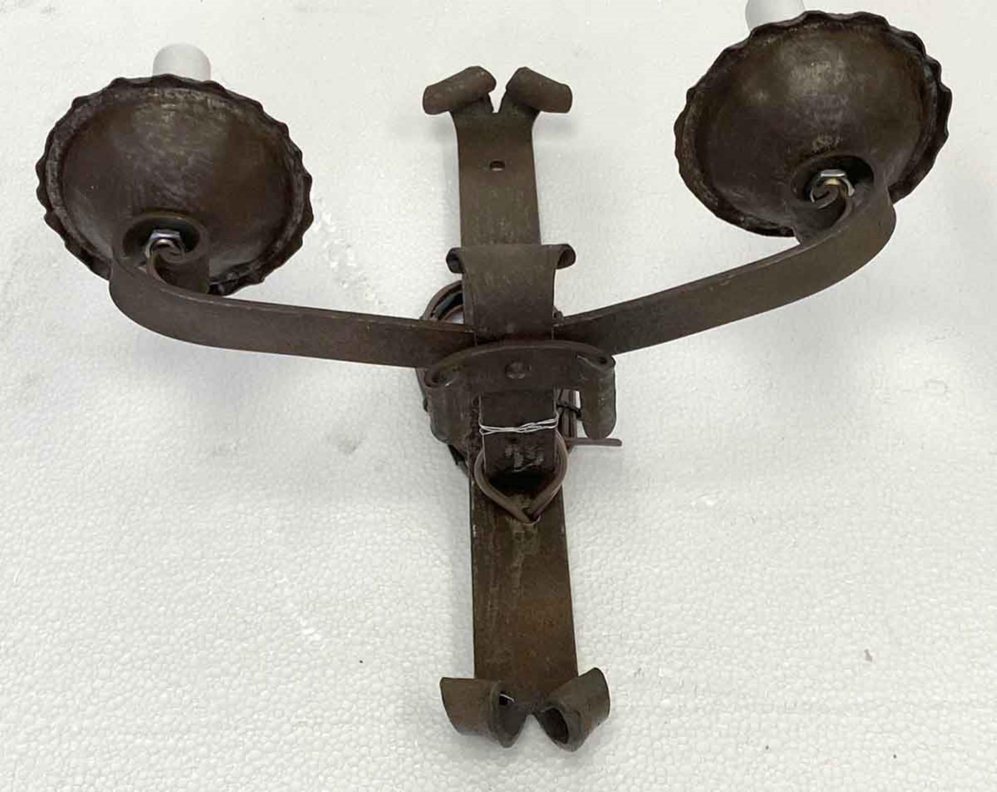 French 1890s Pair of Handwrought Iron 2-Arm Wall Sconces from France with Scrollwork