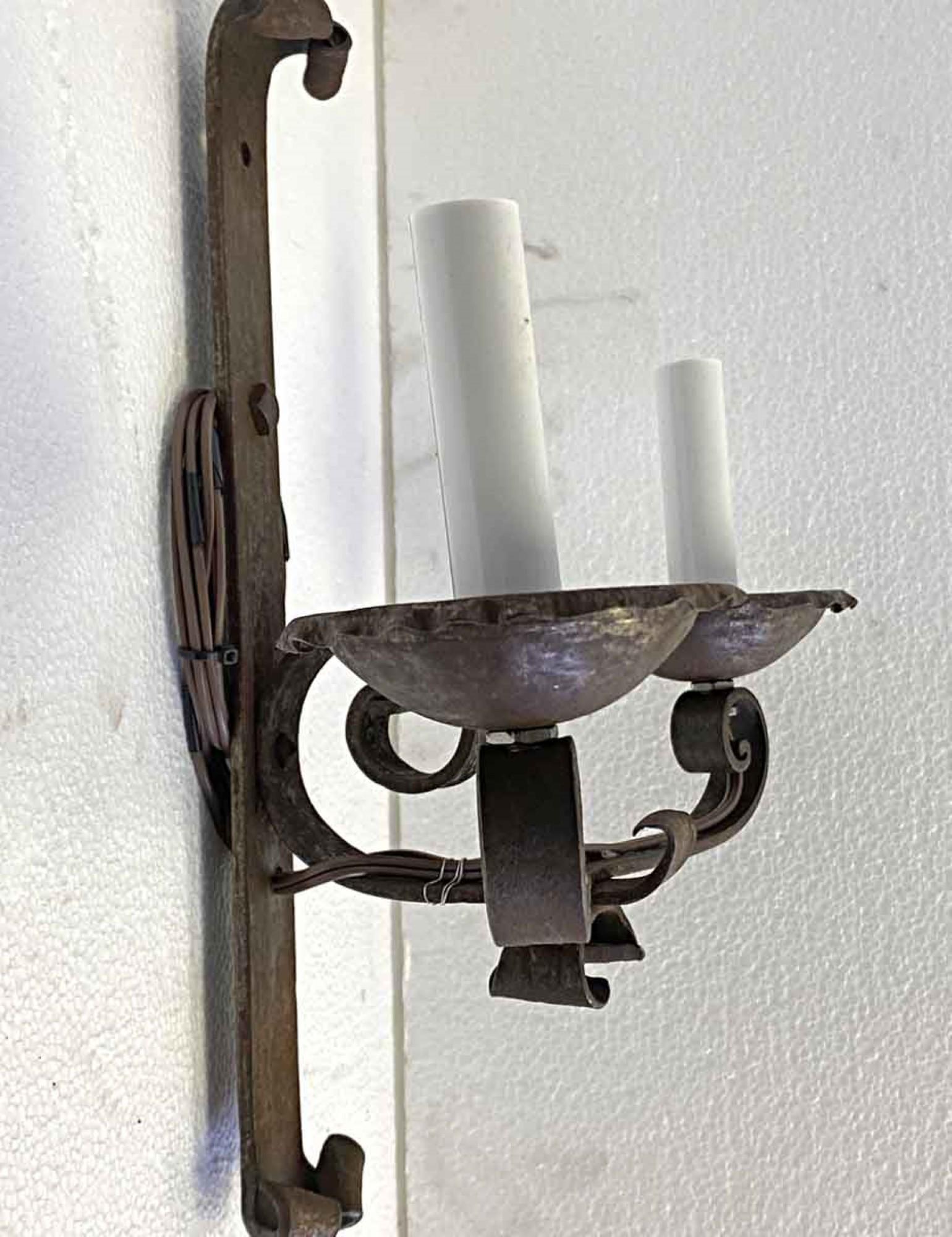 1890s Pair of Handwrought Iron 2-Arm Wall Sconces from France with Scrollwork In Good Condition In New York, NY