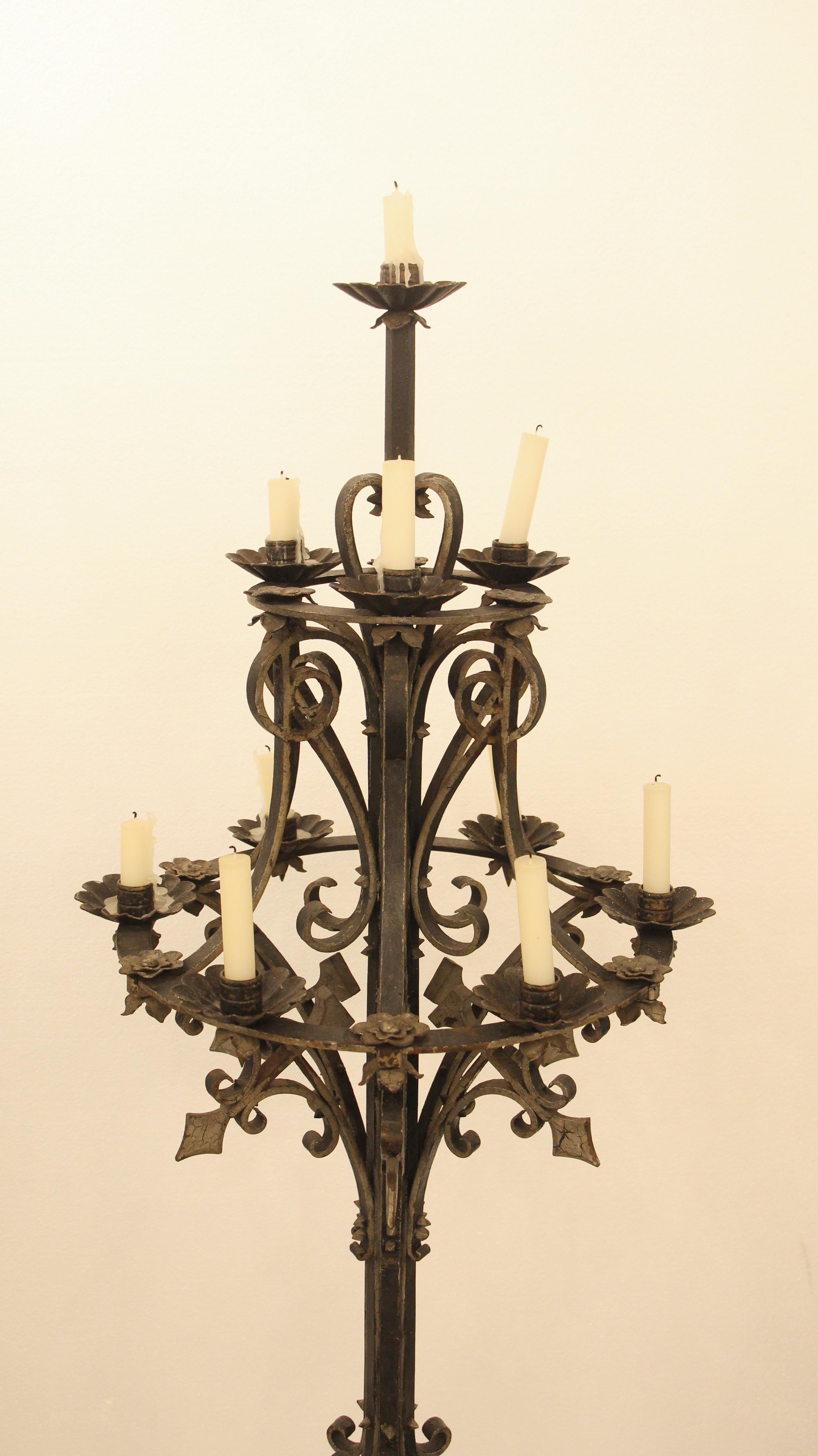American 1800s Pair Hand Wrought Iron Candelabras Floral Floor Lamps 10-Light Each For Sale