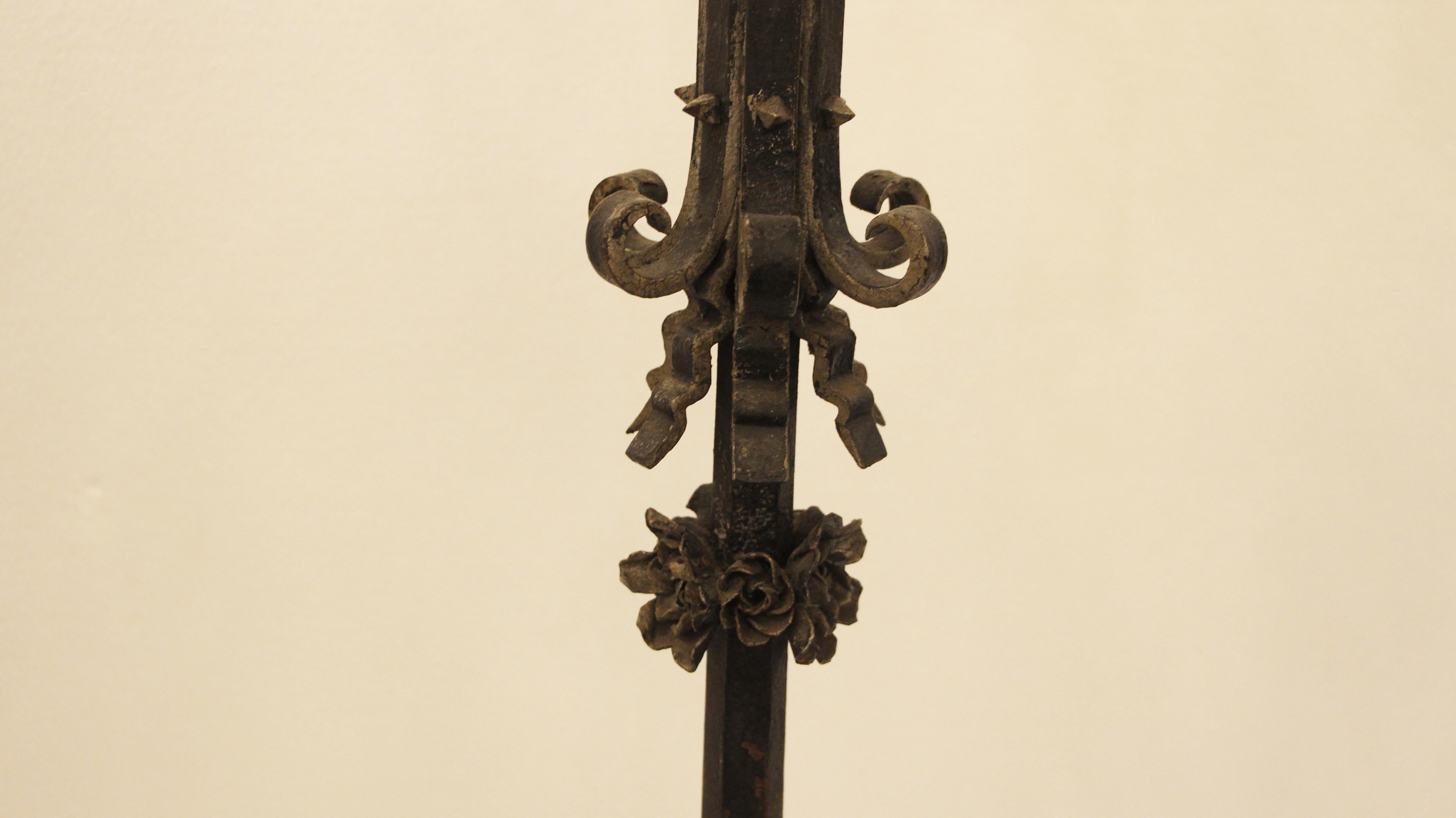 19th Century 1800s Pair Hand Wrought Iron Candelabras Floral Floor Lamps 10-Light Each For Sale