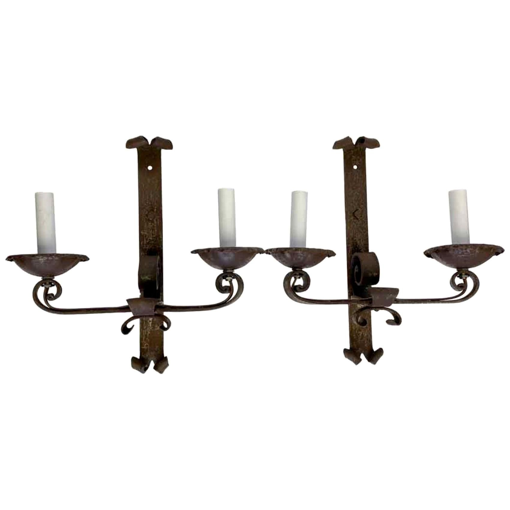 1890s Pair of Handwrought Iron 2-Arm Wall Sconces from France with Scrollwork