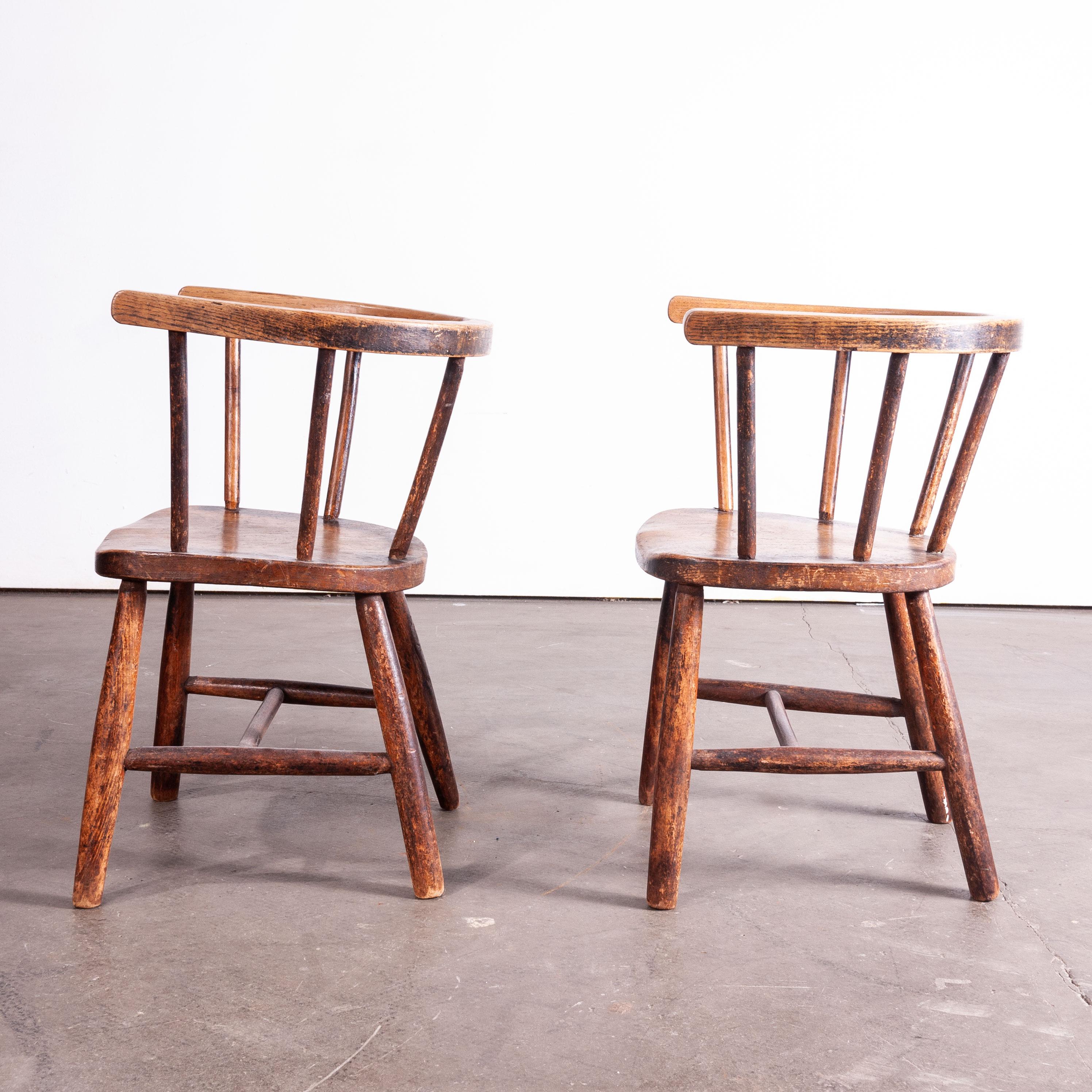 
1890s pair of Victorian vintage child’s chairs. Simple original Windsor style children’s chairs made from dark stained Ash with steam bent backs. Seat height 30cm.

Workshop report:
All of our vintage products show the rich beauty and history