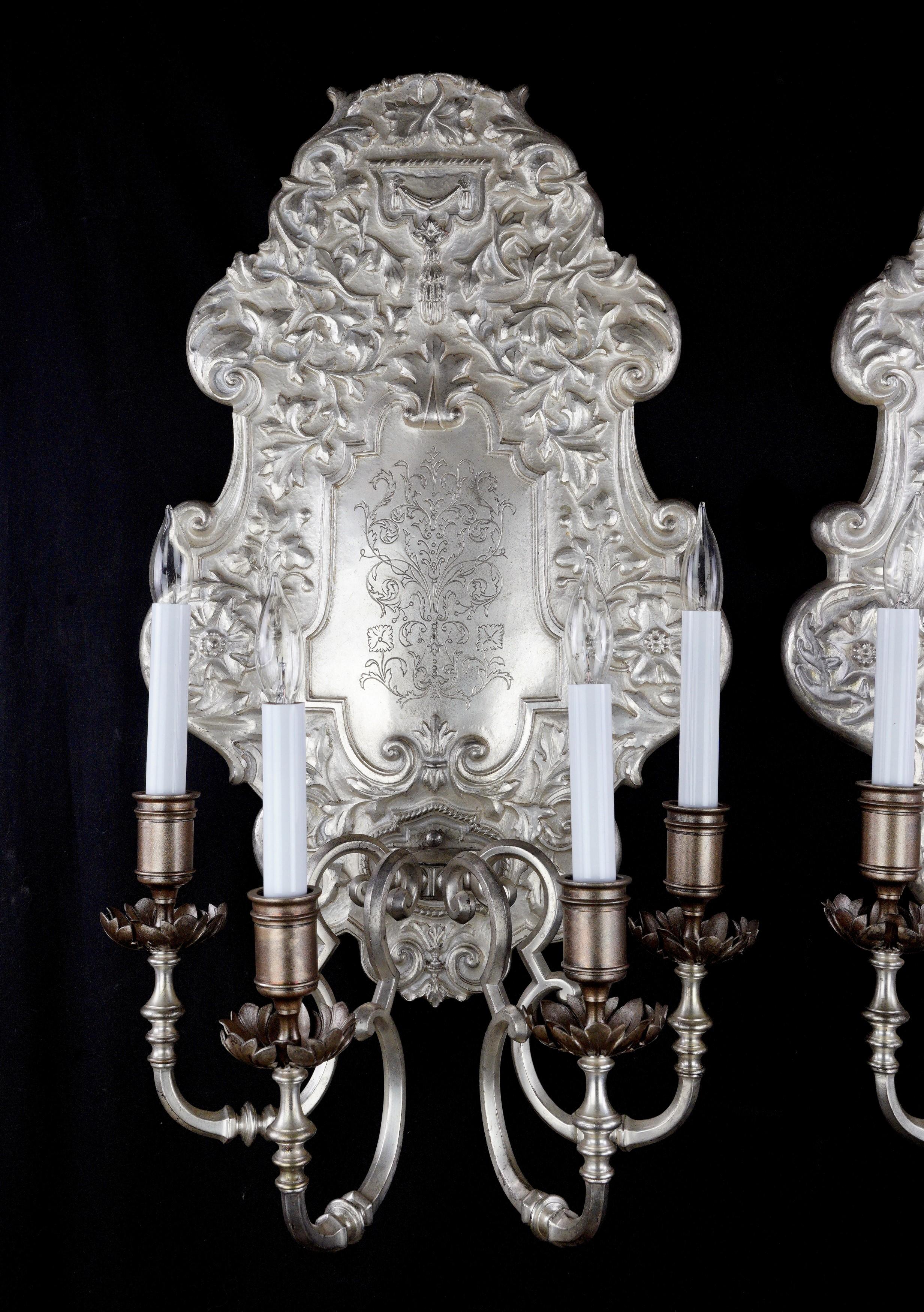 American 1890s Pair Oversize Silvered Bronze Sconces EF Caldwell For Sale