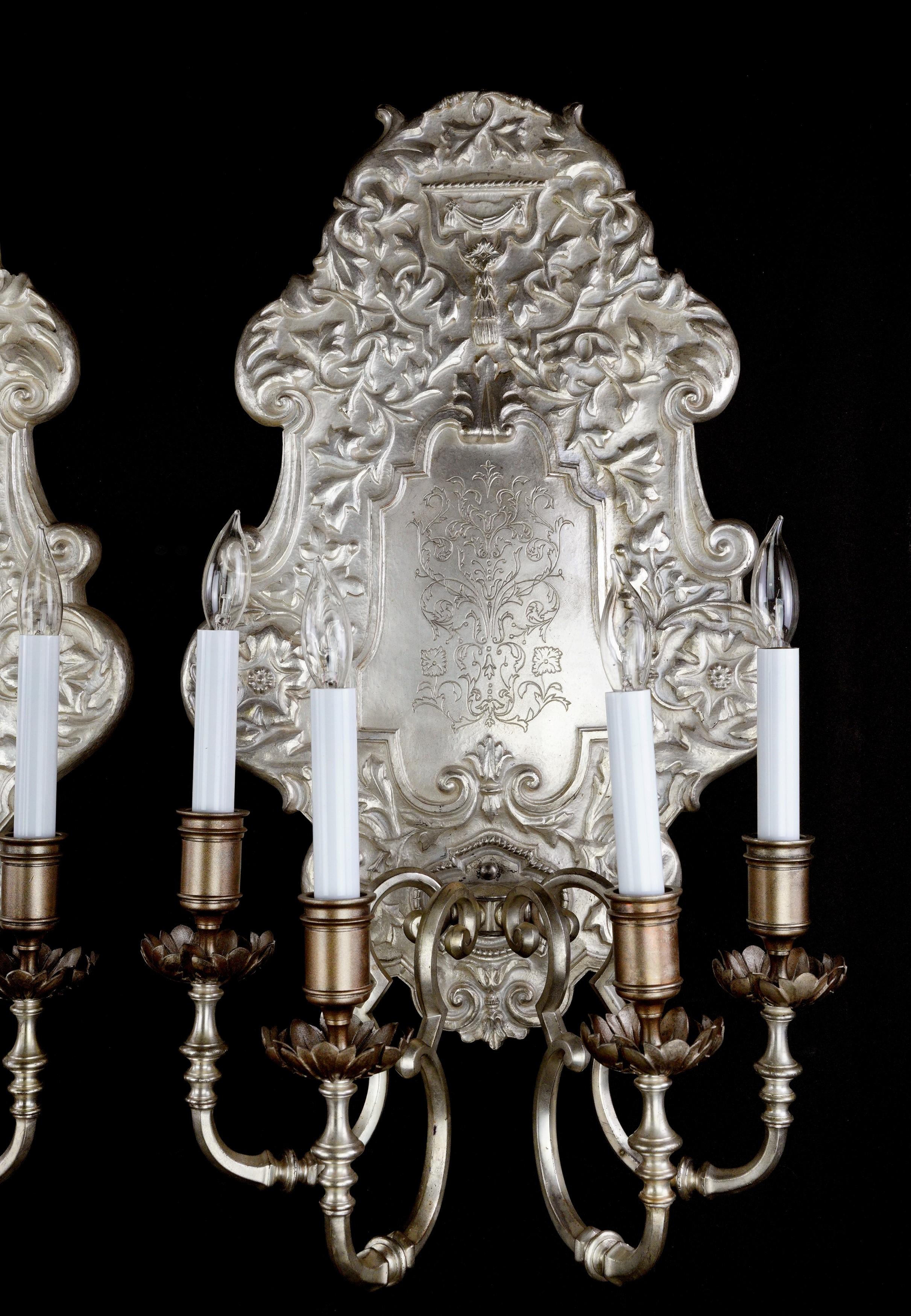1890s Pair Oversize Silvered Bronze Sconces EF Caldwell In Good Condition For Sale In New York, NY