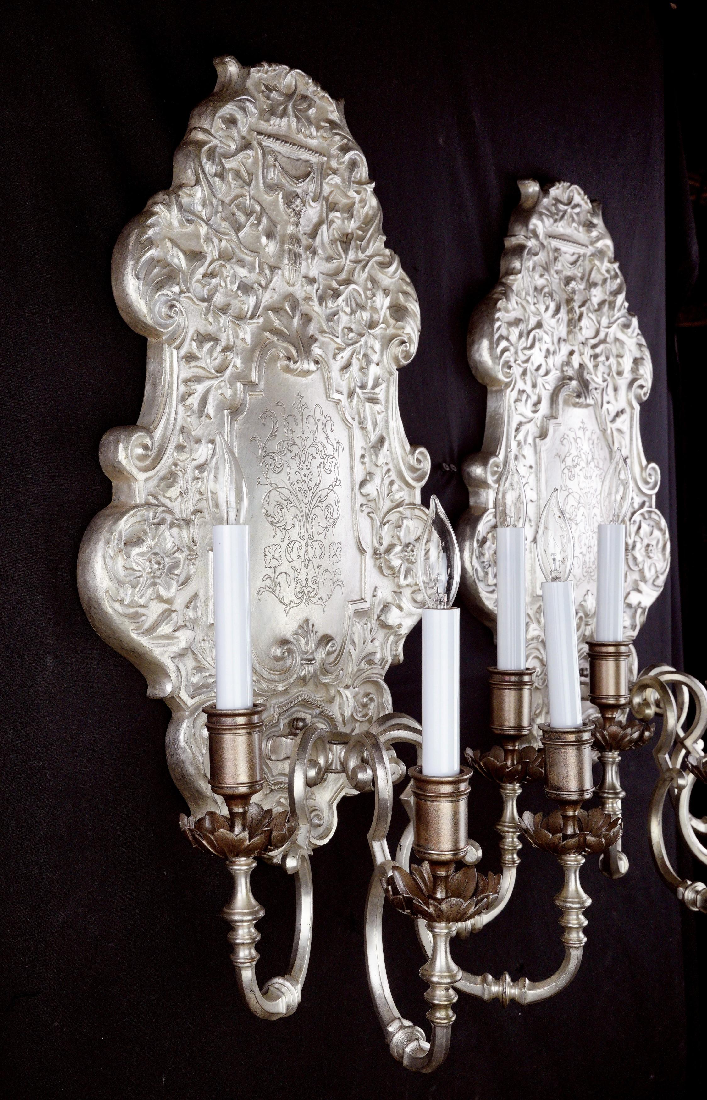 19th Century 1890s Pair Oversize Silvered Bronze Sconces EF Caldwell For Sale