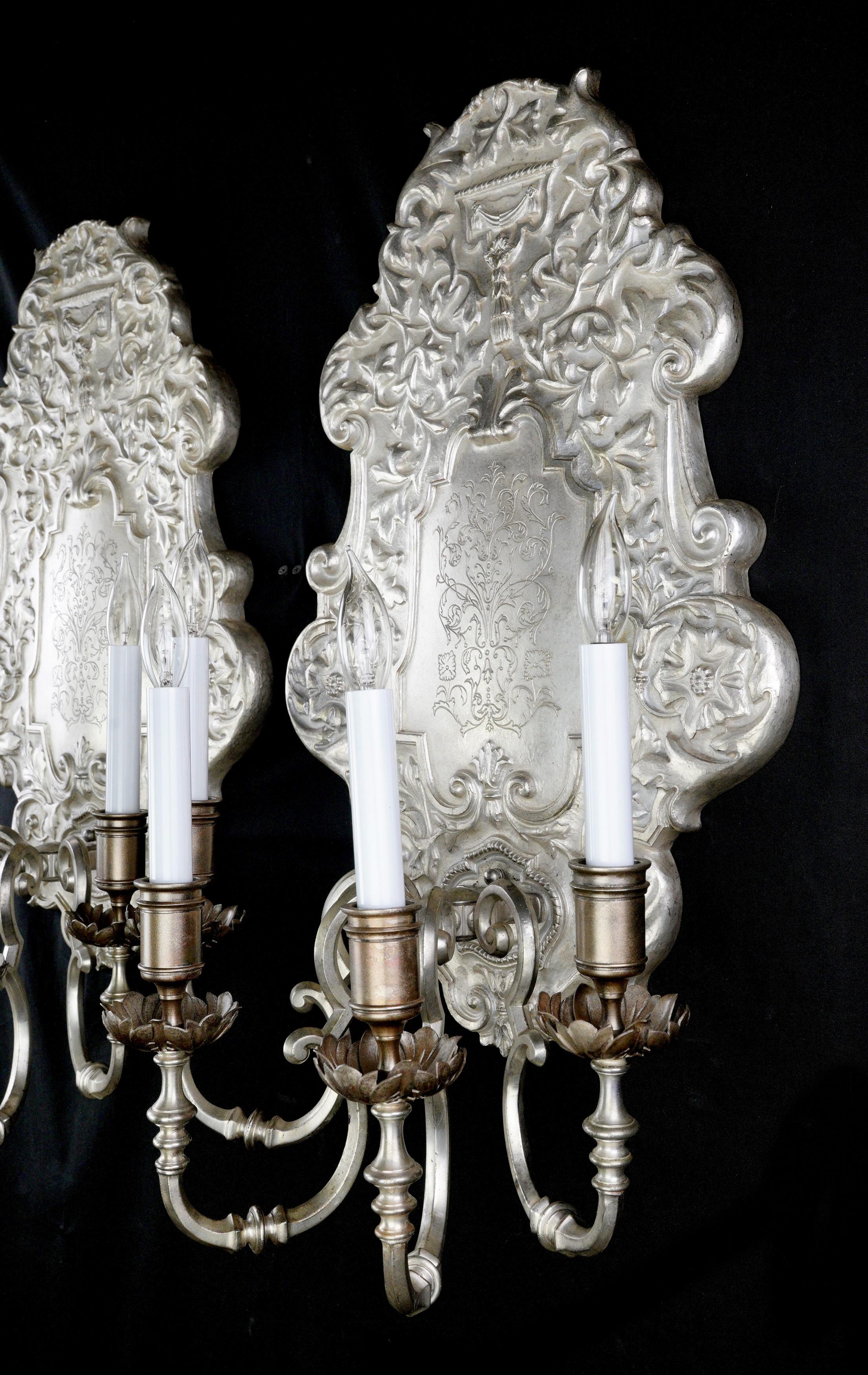 1890s Pair Oversize Silvered Bronze Sconces EF Caldwell For Sale 1