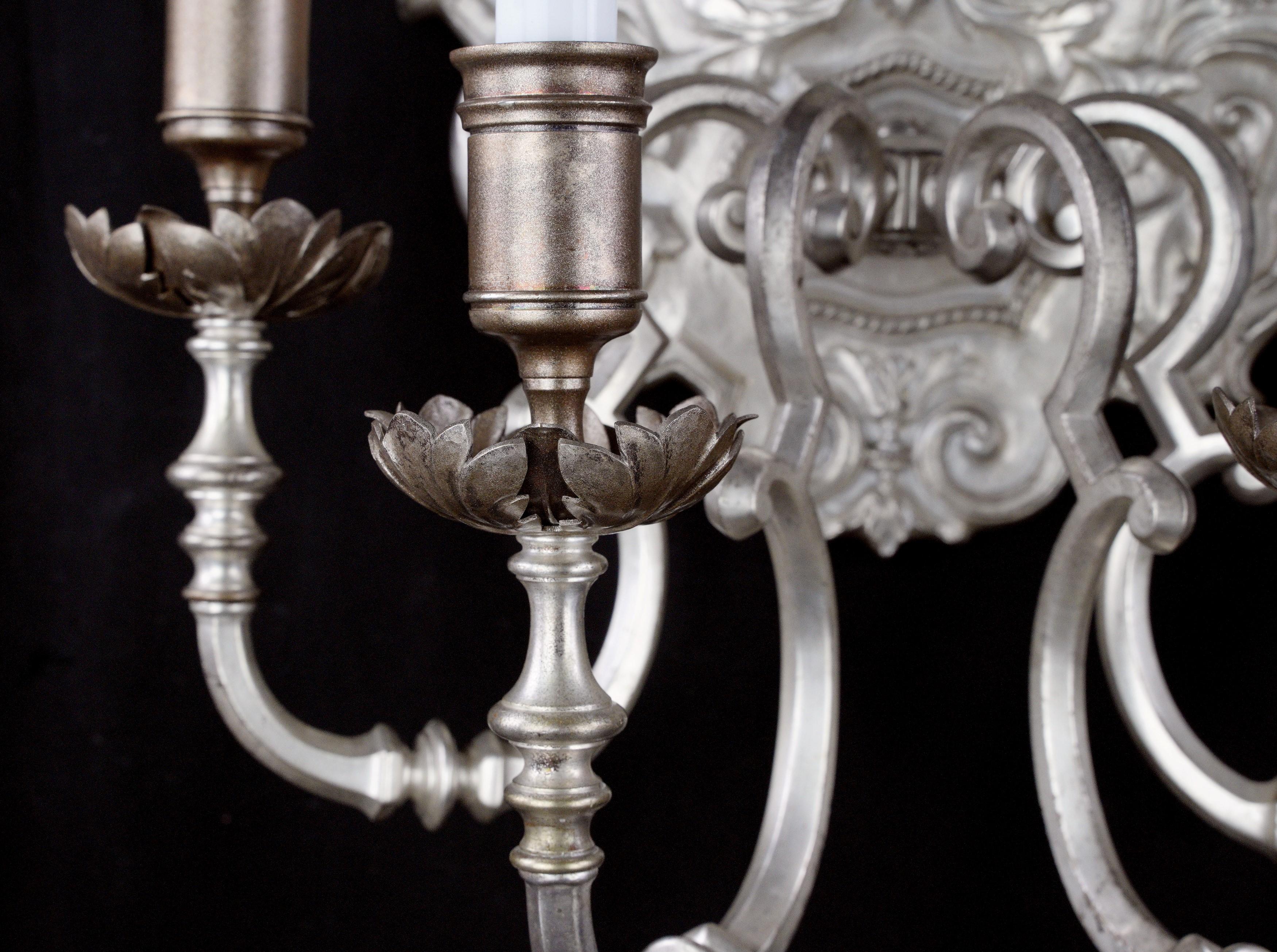1890s Pair Oversize Silvered Bronze Sconces EF Caldwell For Sale 3