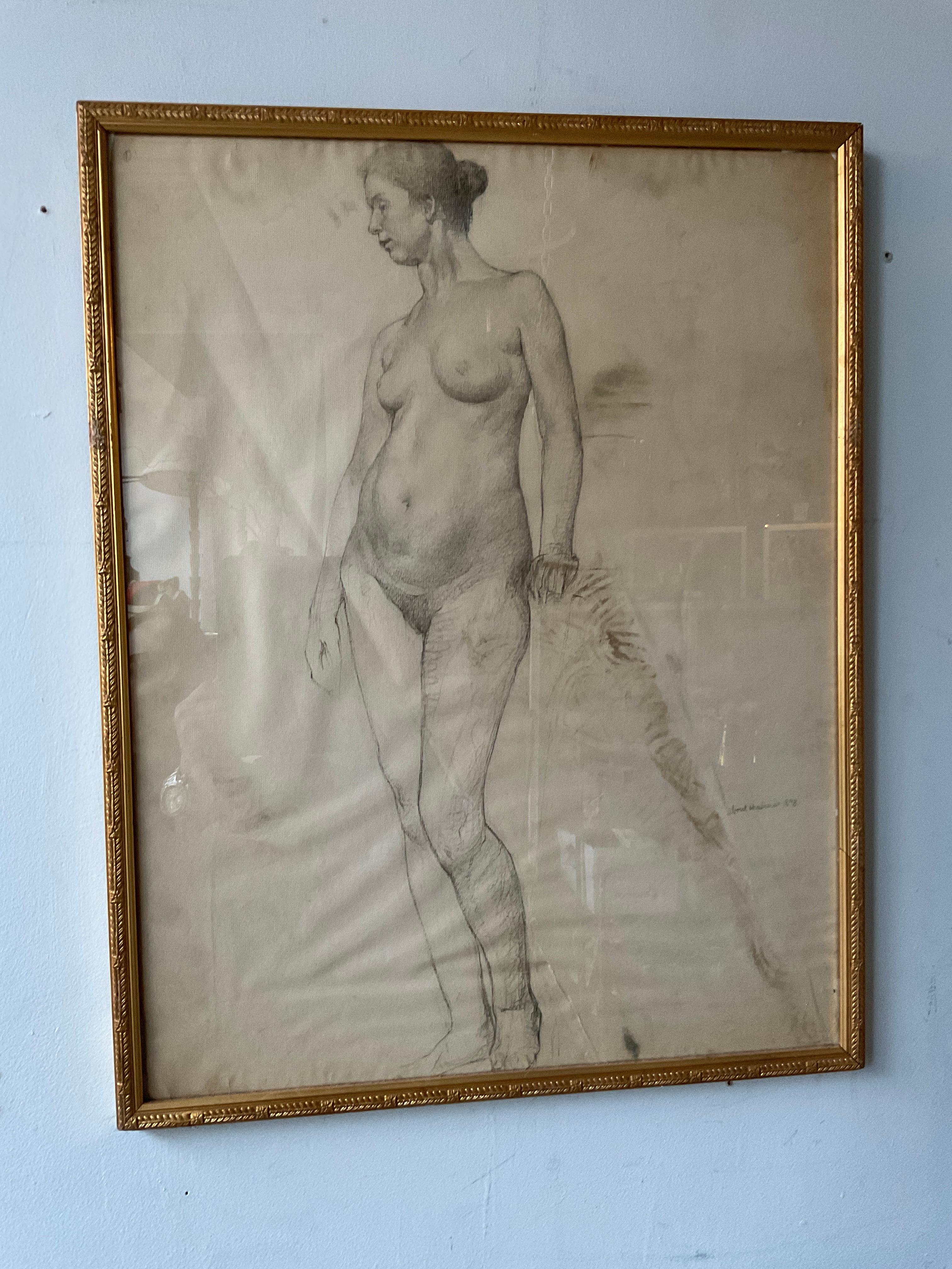 1890s Pencil Drawing of Nude Woman In Good Condition For Sale In Tarrytown, NY