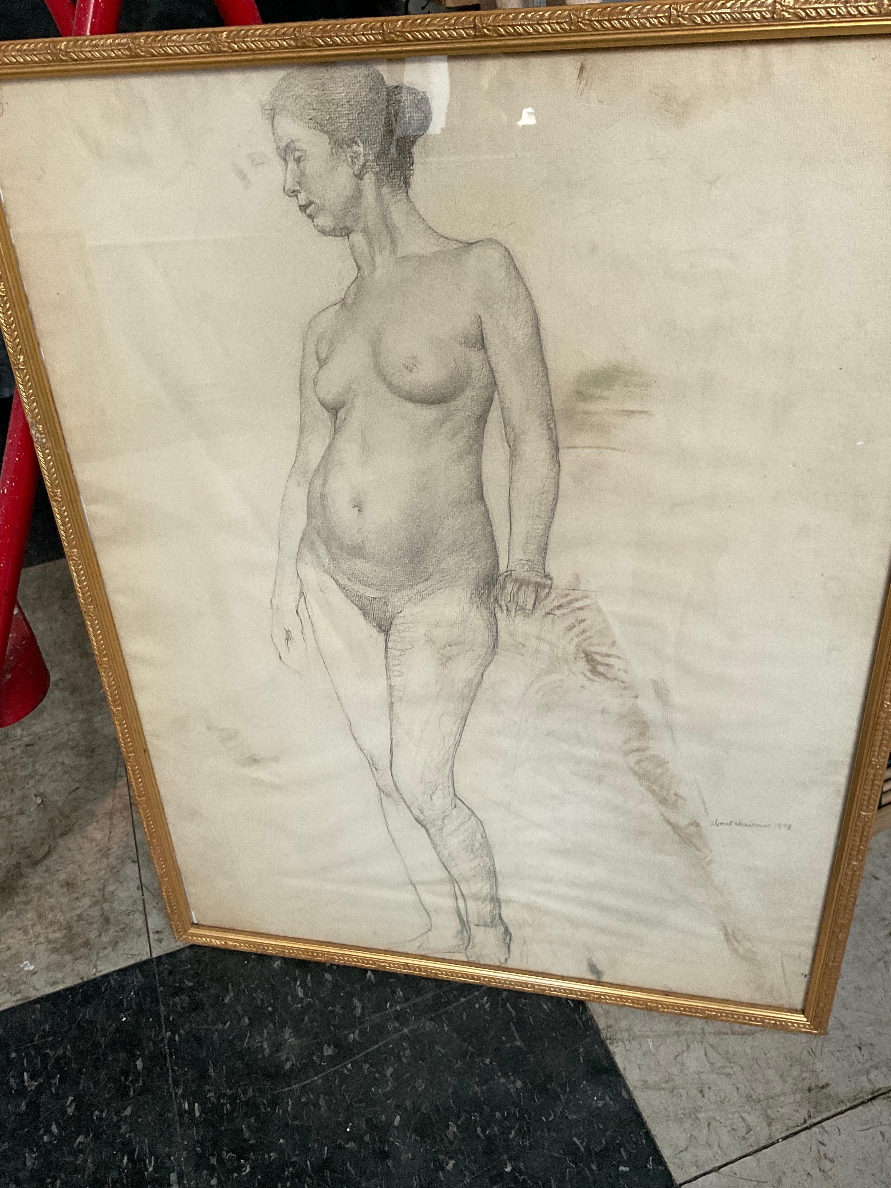 Late 19th Century 1890s Pencil Drawing of Nude Woman For Sale