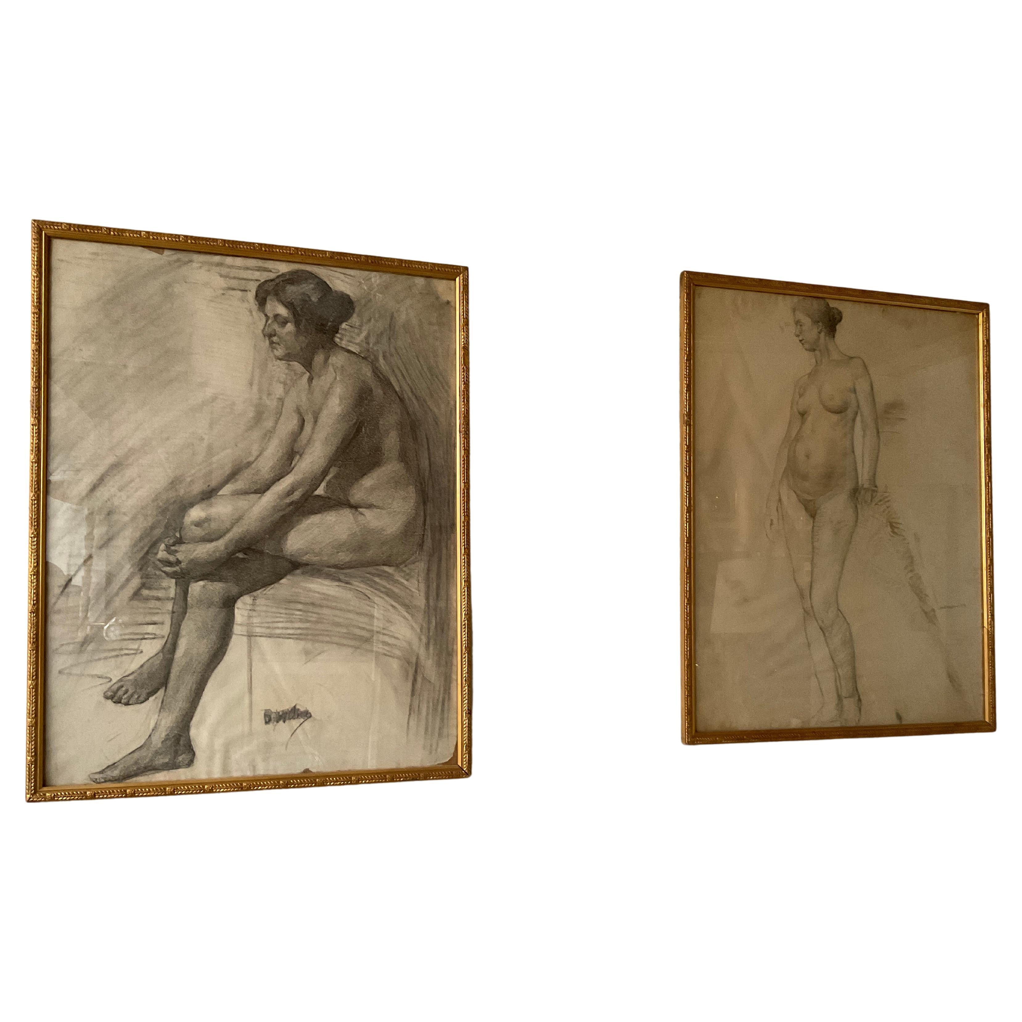 Dessin de femme nue au crayon des années 1890