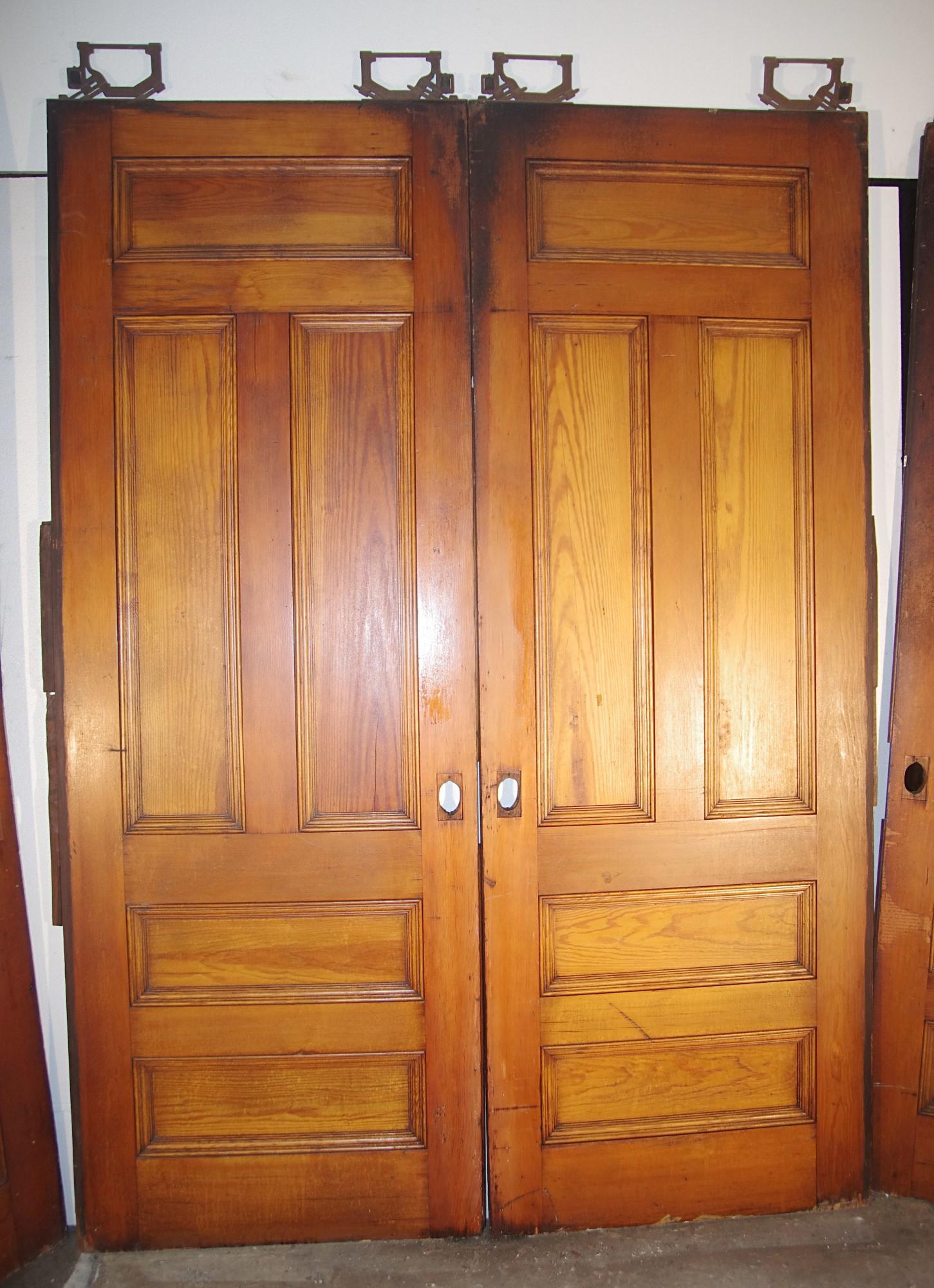 Victorian 1890s Pine 5 Recessed Panel Double Pine Large Scale Pocket Doors