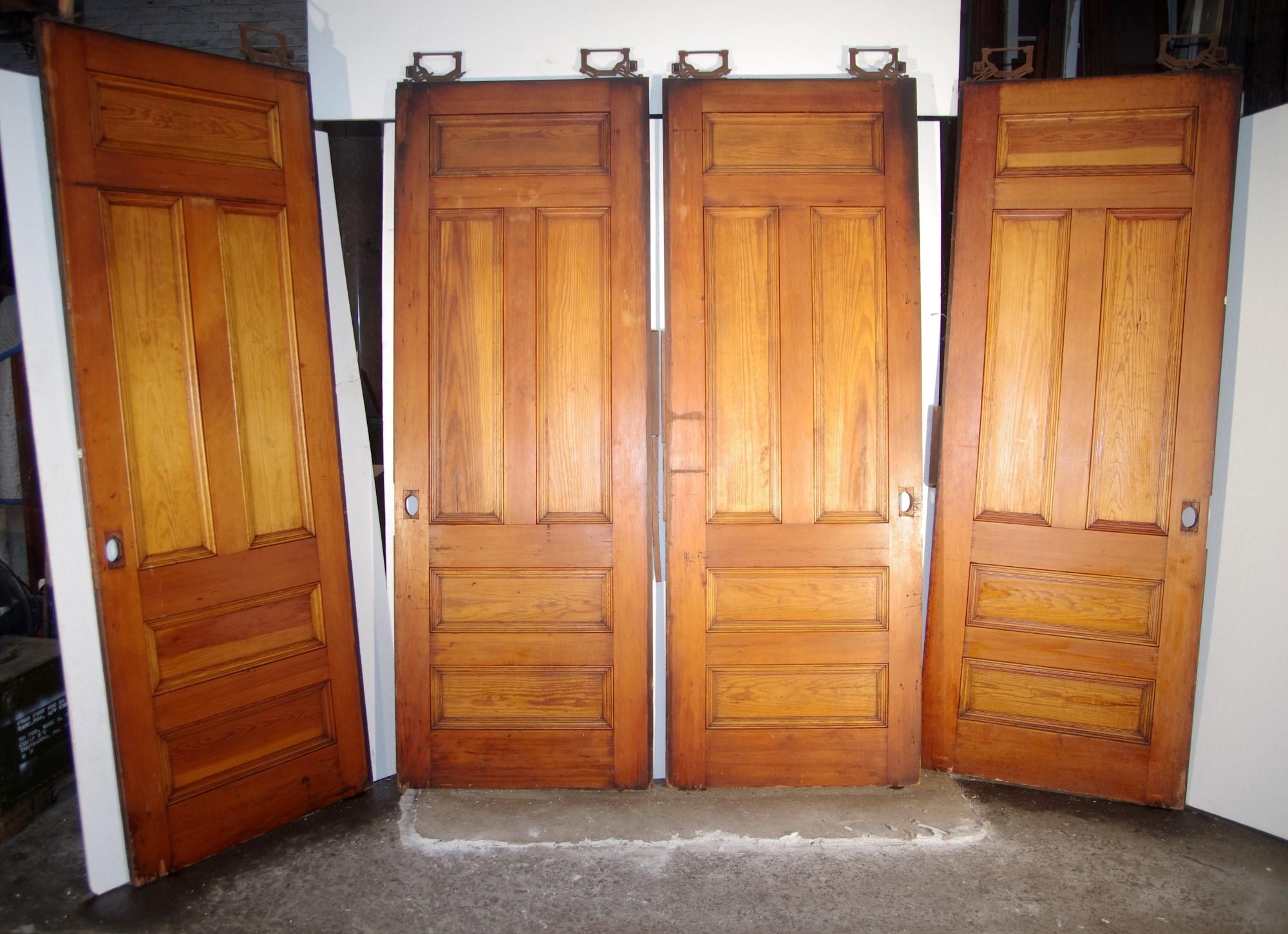 1890s Pine 5 Recessed Panel Double Pine Large Scale Pocket Doors 1