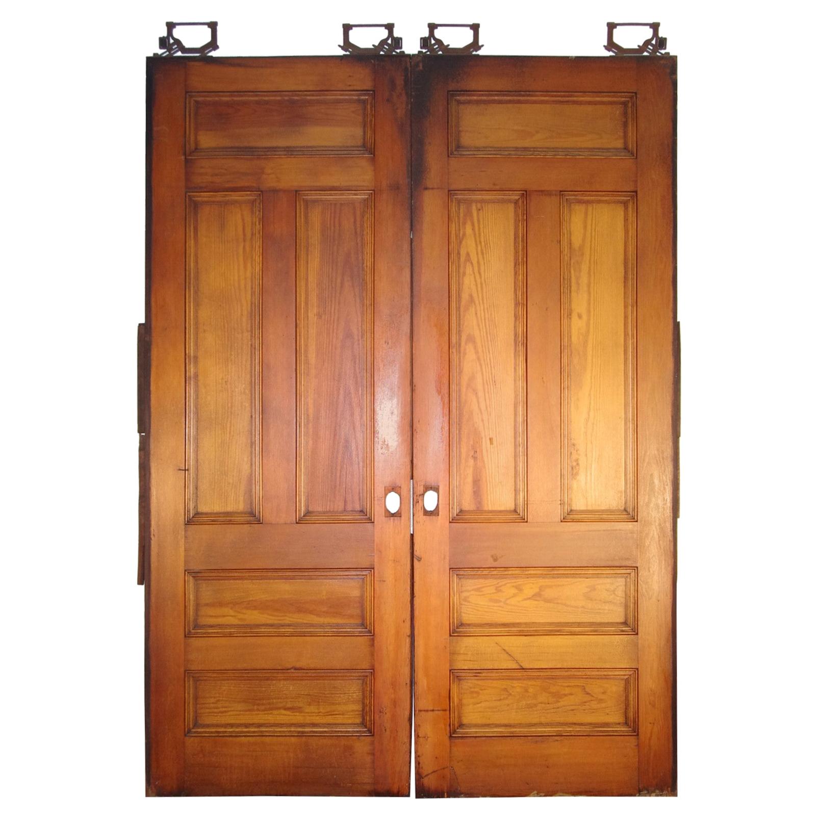 1890s Pine 5 Recessed Panel Double Pine Large Scale Pocket Doors