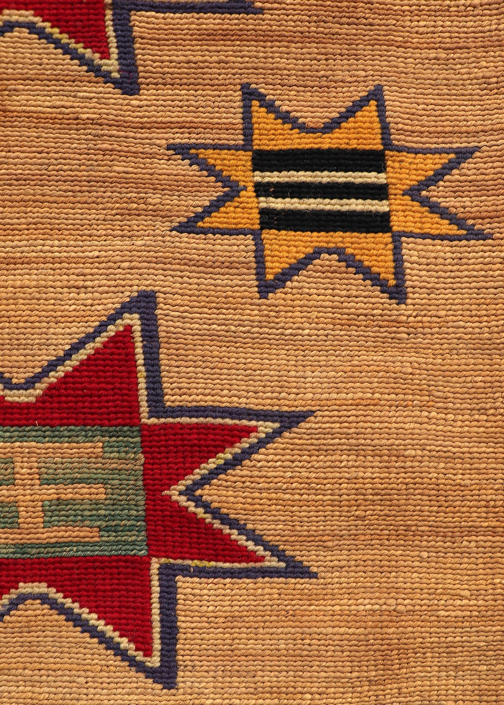 Dyed 1890s Plateau Cornhusk Bag with Blue, Red, and Yellow Geometric Designs