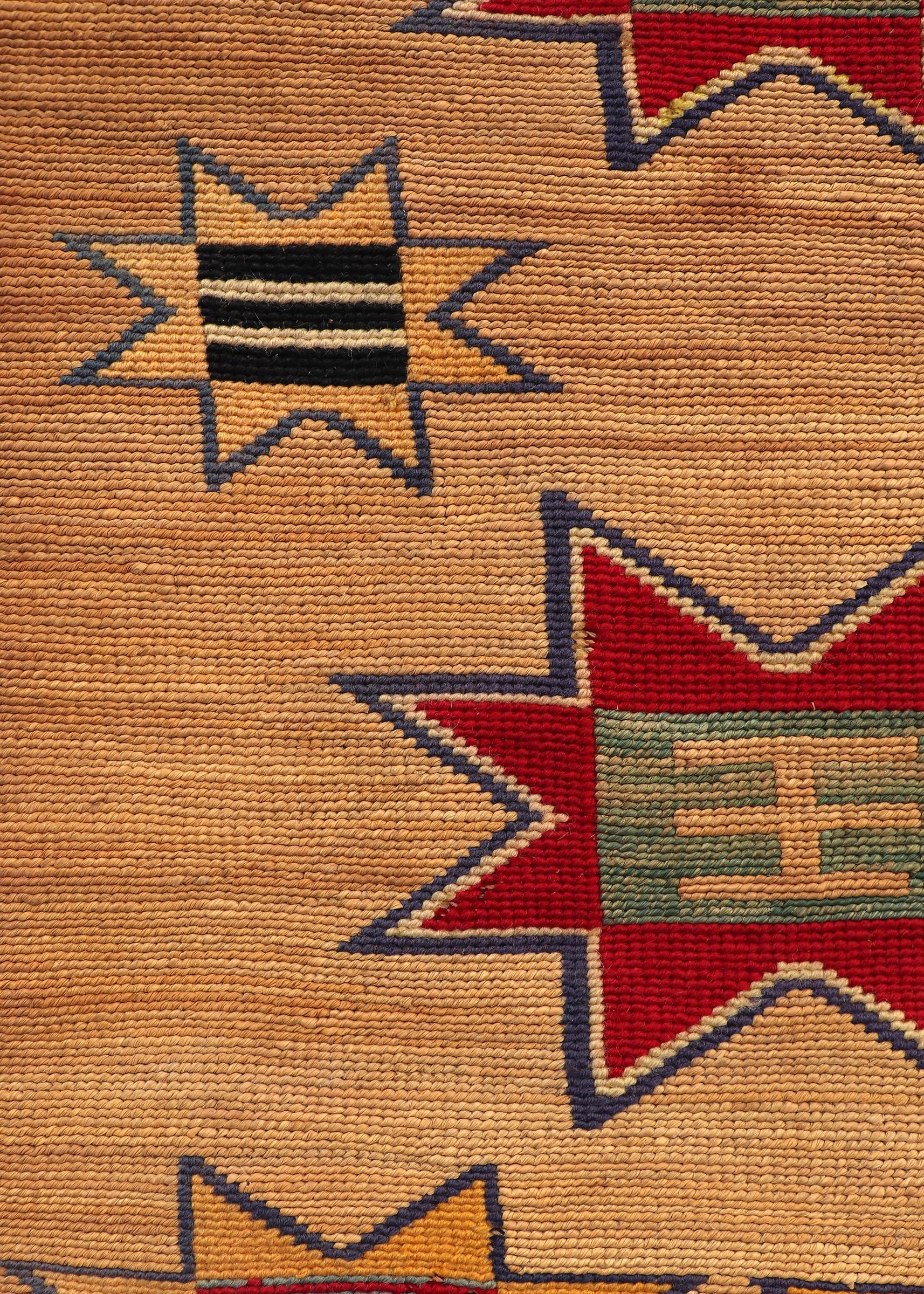 Dyed 1890s Plateau Cornhusk Bag with Blue, Red, and Yellow Geometric Designs