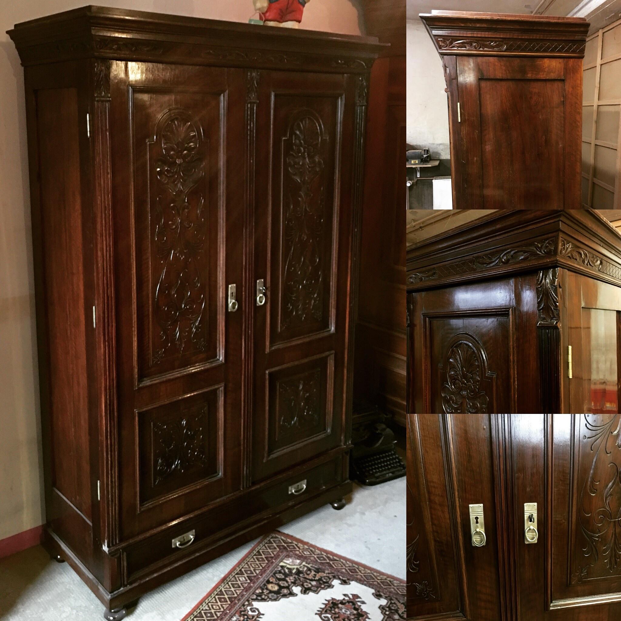 Late 19th Century 1890s Prague Wilhelminian Style Walnut Wardrobe Polished Shellac For Sale