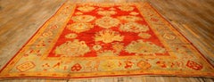 1890s Red Ground Geometric Knotted Wool Antique Oushak Turkish Decorative Rug