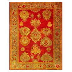1890s Red Ground Geometric Knotted Wool Antique Oushak Turkish Decorative Rug