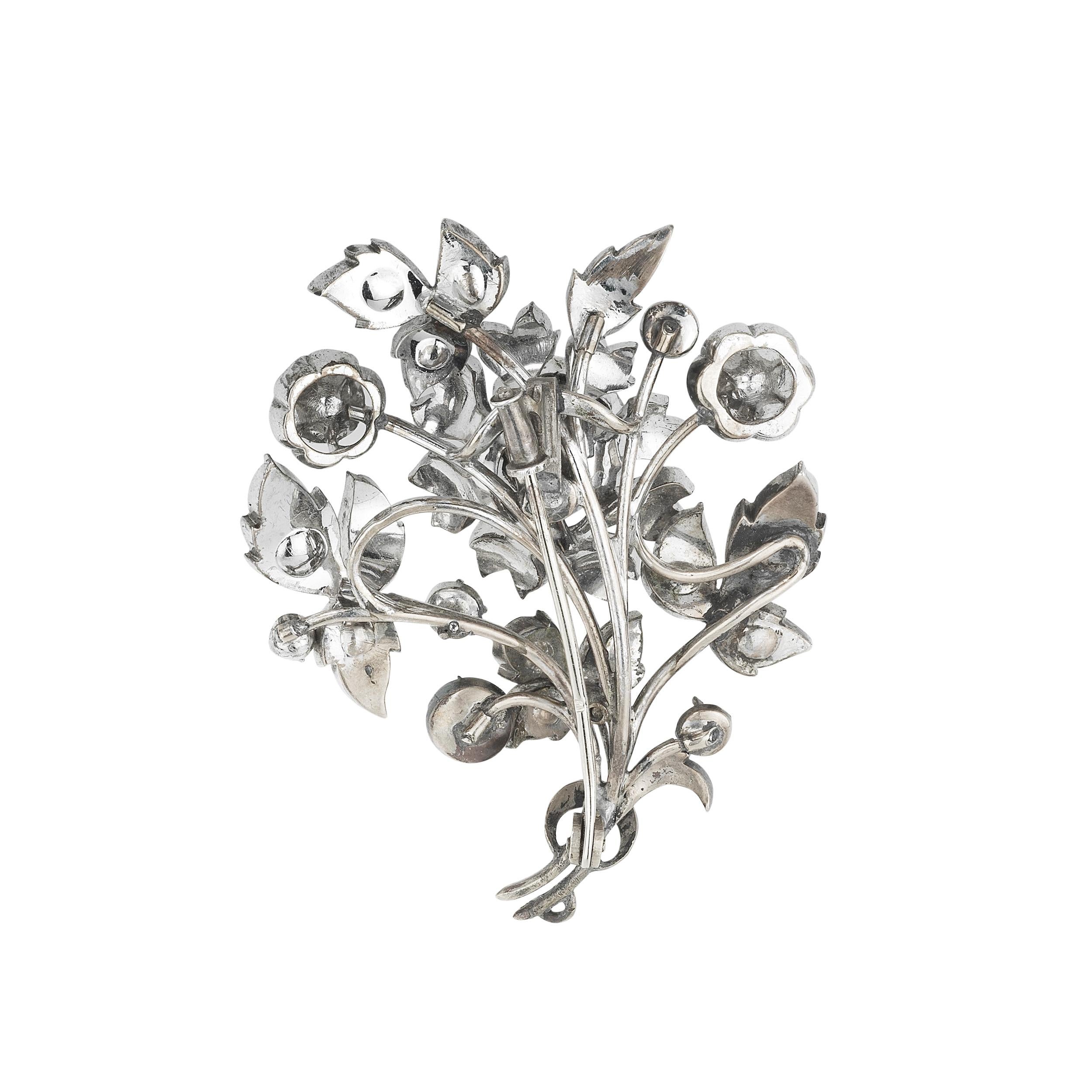 Rose Cut Rose-Cut Diamond Silver and White Gold Flower Brooch 1890S For Sale