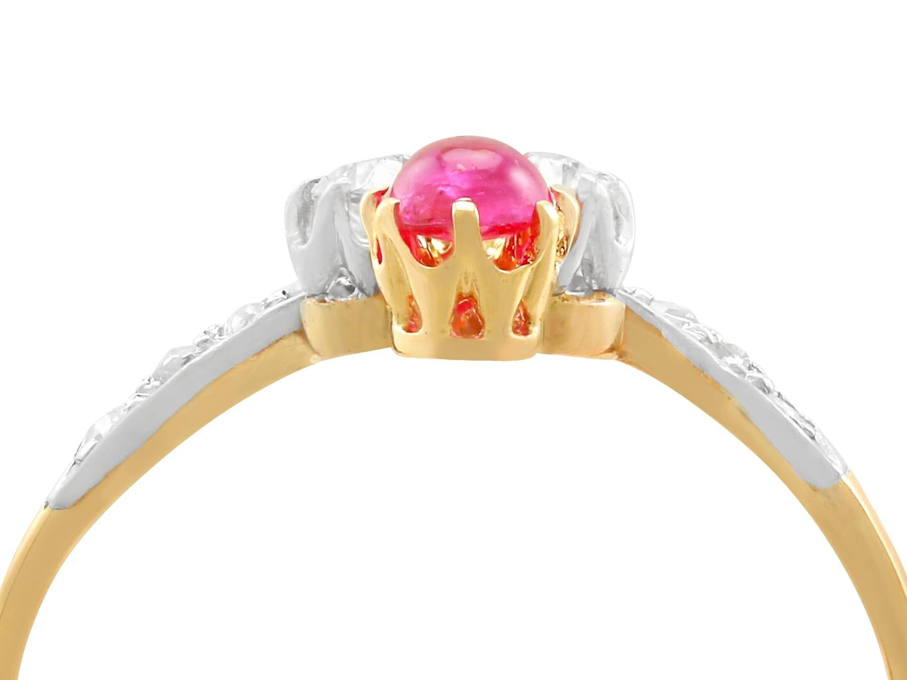 An impressive Victorian 0.32 carat pink ruby and 0.36 carat diamond, 15 karat yellow gold and platinum set dress ring; part of our diverse antique jewelry collections.

This fine and impressive ruby and diamond dress ring has been crafted in 15k