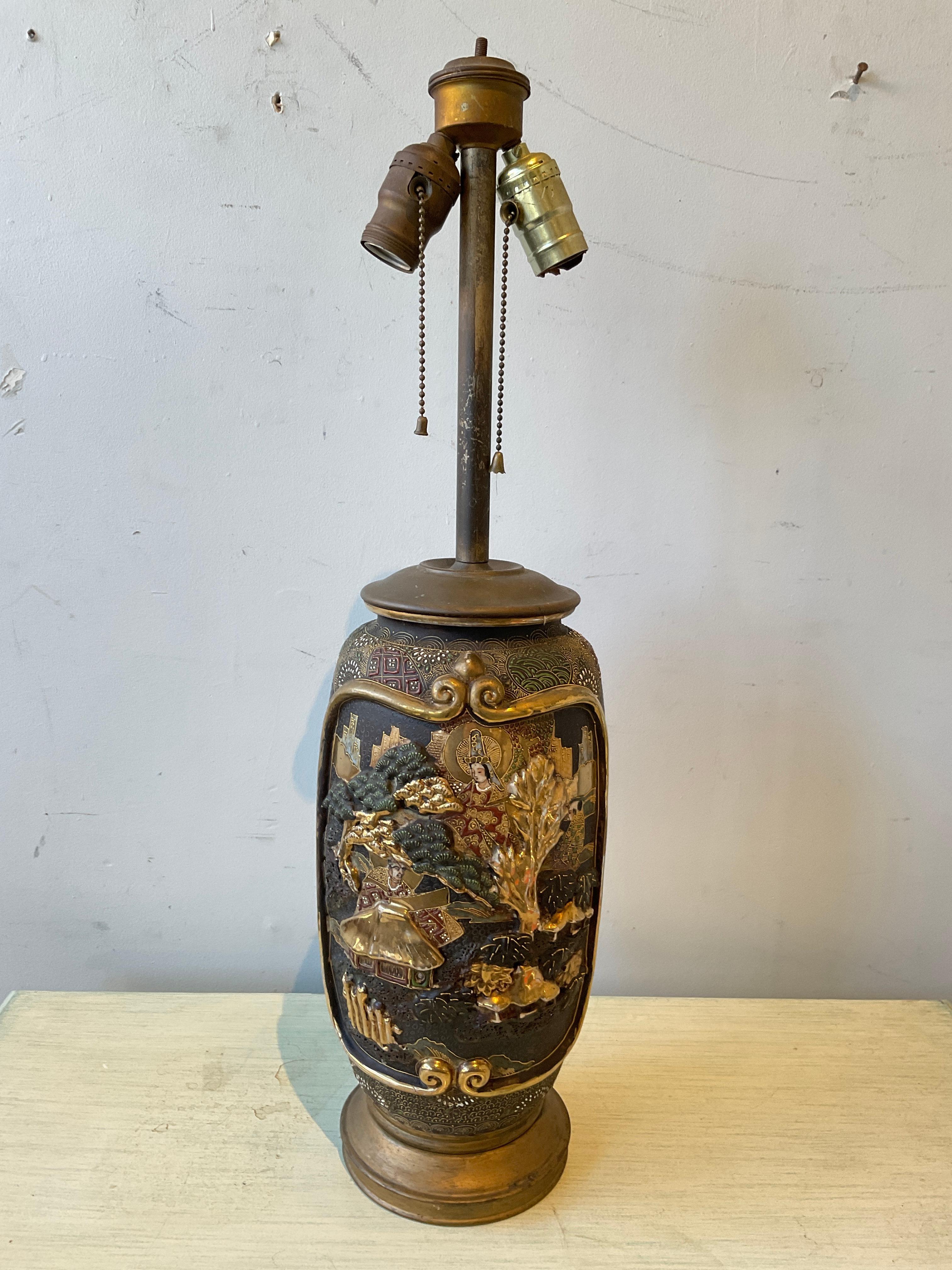 1890s Ceramic Satsuma vase lamp. Height is to top of socket.
Lamp needs rewiring.