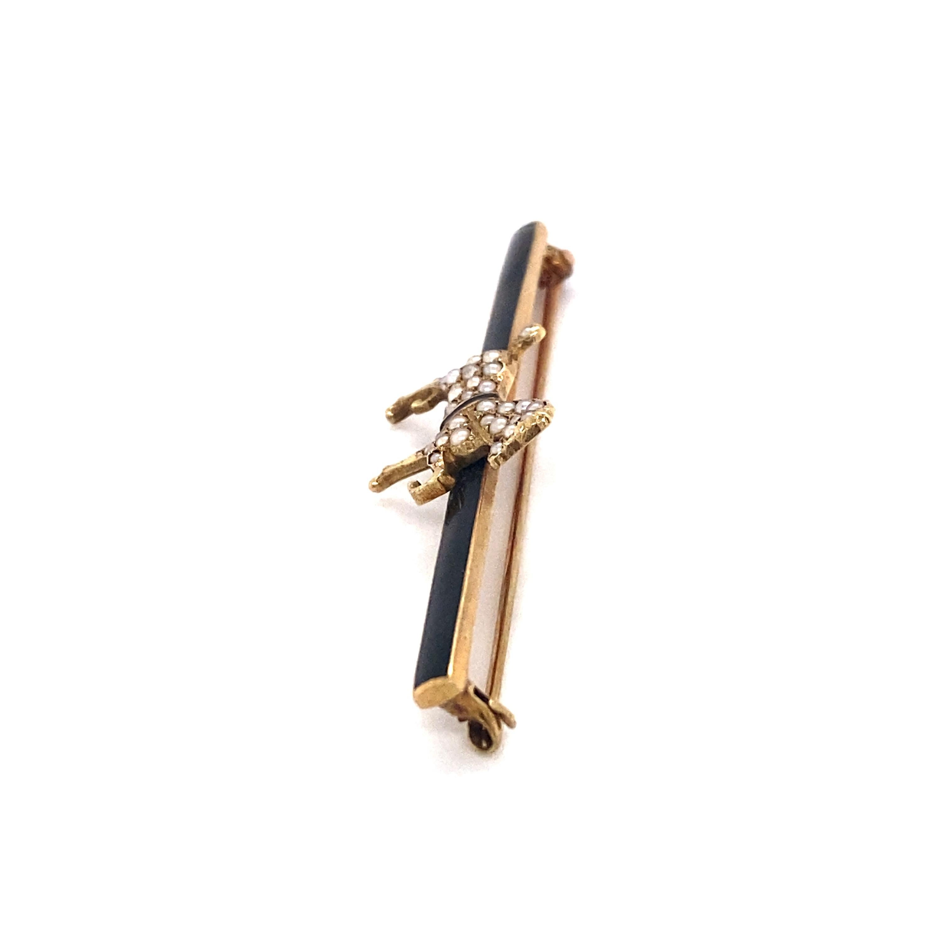 Late Victorian 1890s Seed Pearl Equestrian Bar Brooch in 12 Karat Gold For Sale