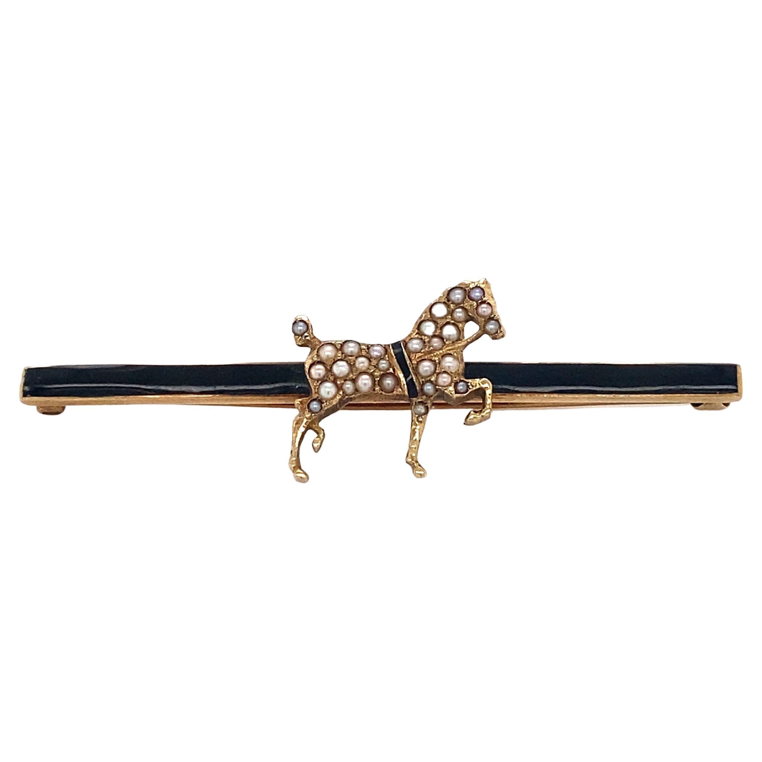 1890s Seed Pearl Equestrian Bar Brooch in 12 Karat Gold For Sale