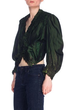 Victorian Arsenic Green Silk Taffeta  Shirred & Ruffled Blouse With Spring Boni