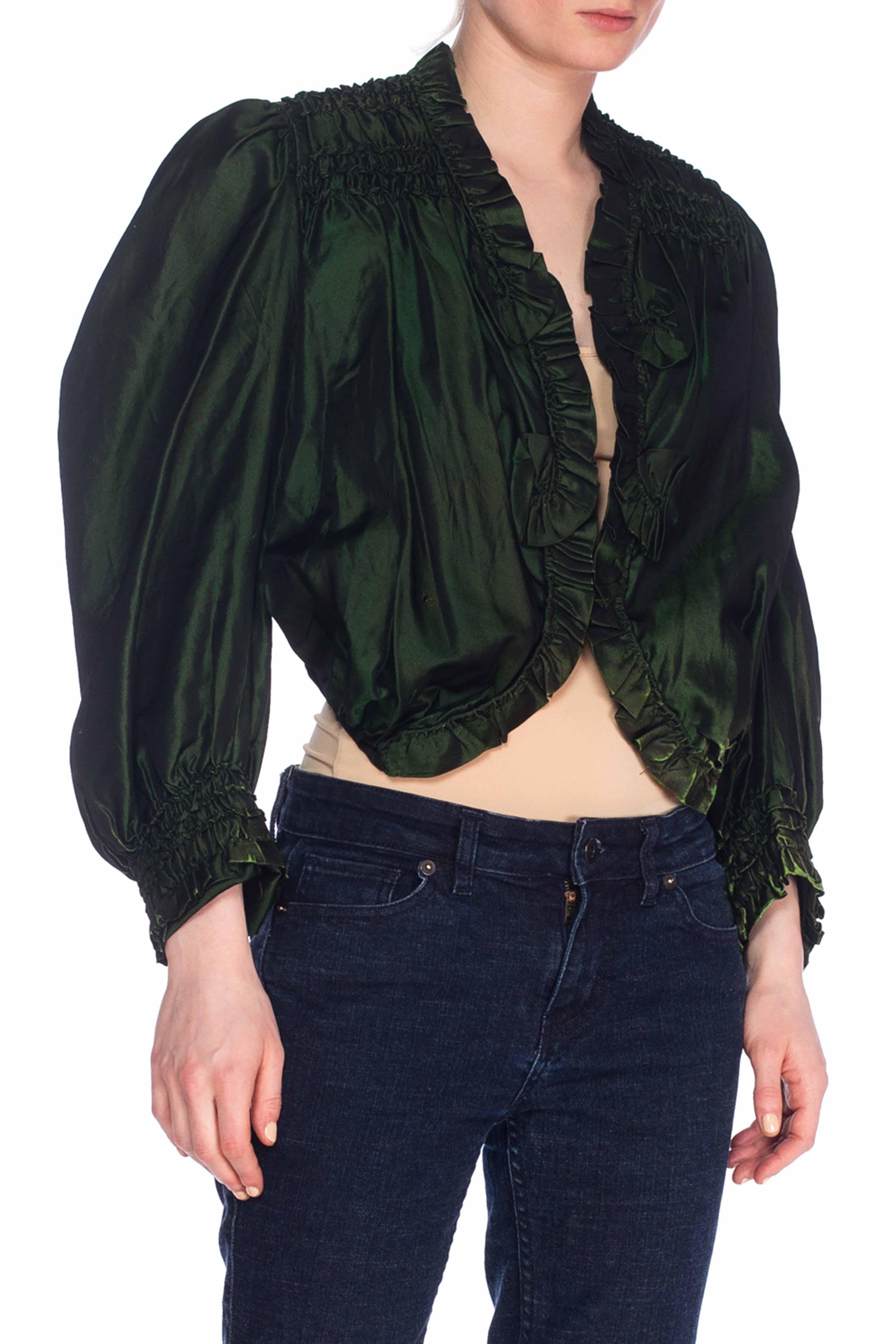 Victorian Arsenic Green Silk Taffeta  Shirred & Ruffled Blouse With Spring Boni In Excellent Condition For Sale In New York, NY